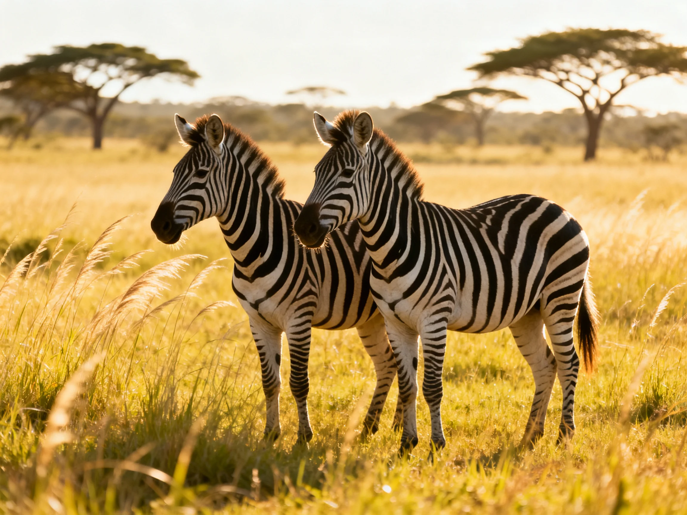 Two zebras stand in golden savannah near tall acacia trees