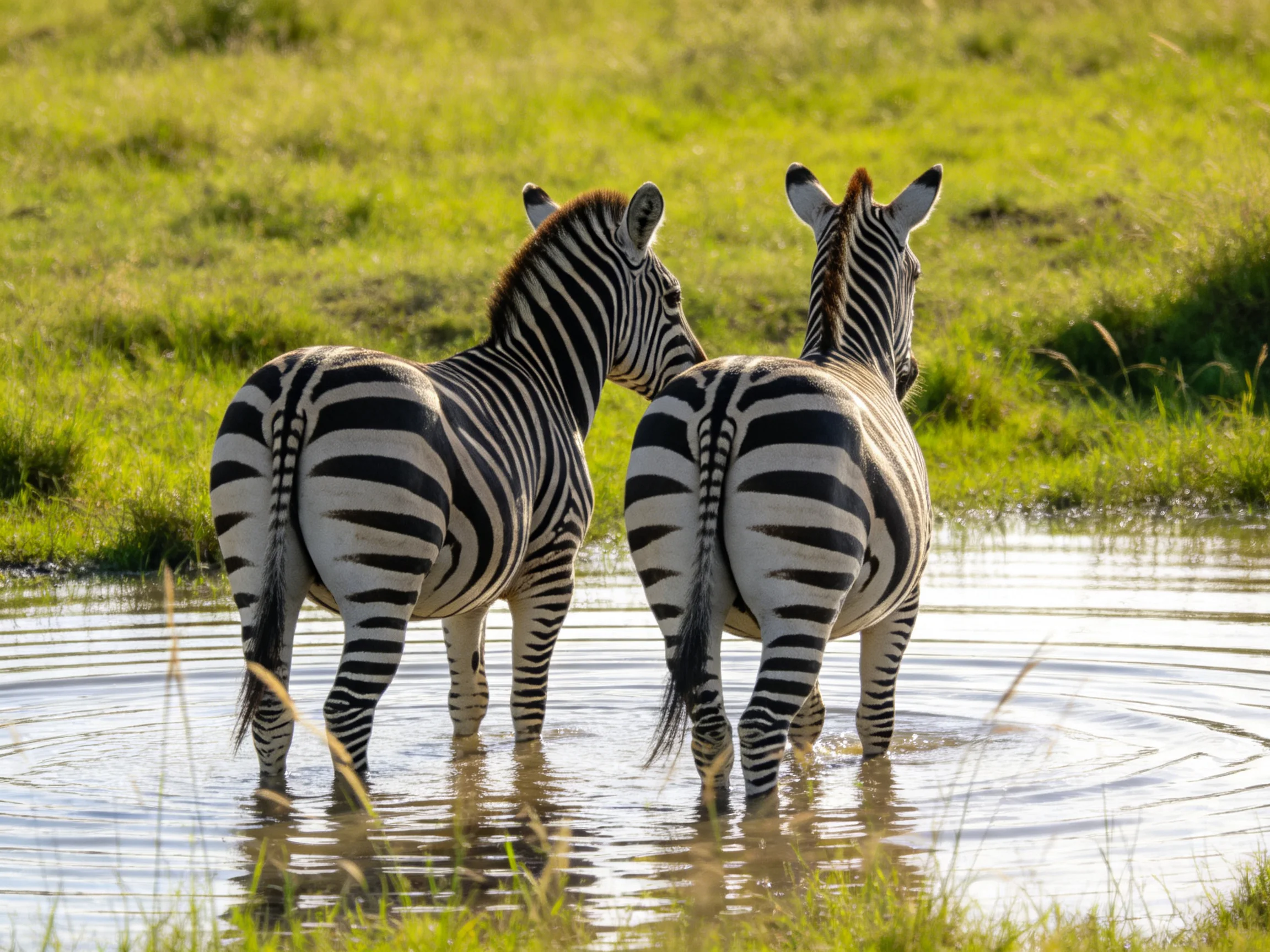 Two zebras stand in shallow water near lush green grass