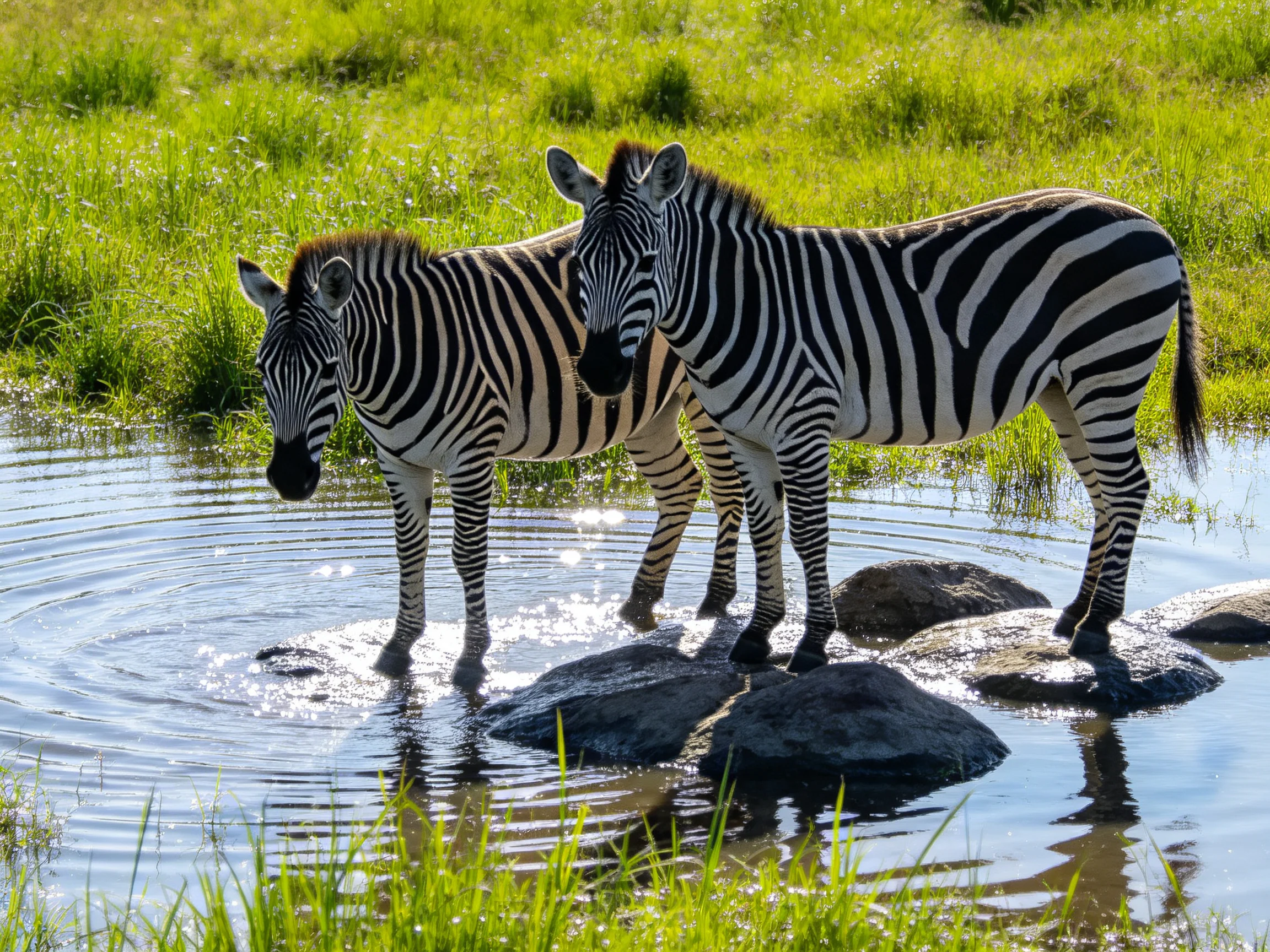 Two zebras stand in shallow water near rocks with green surroundings