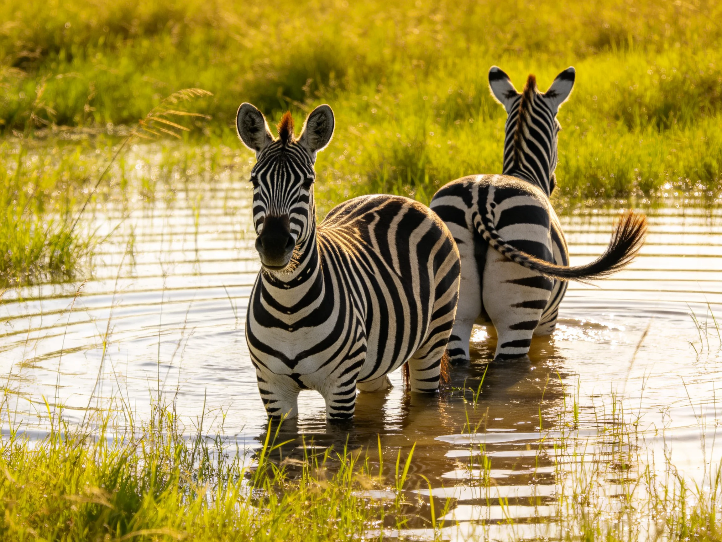 Two zebras wade in shallow water among lush green vegetation