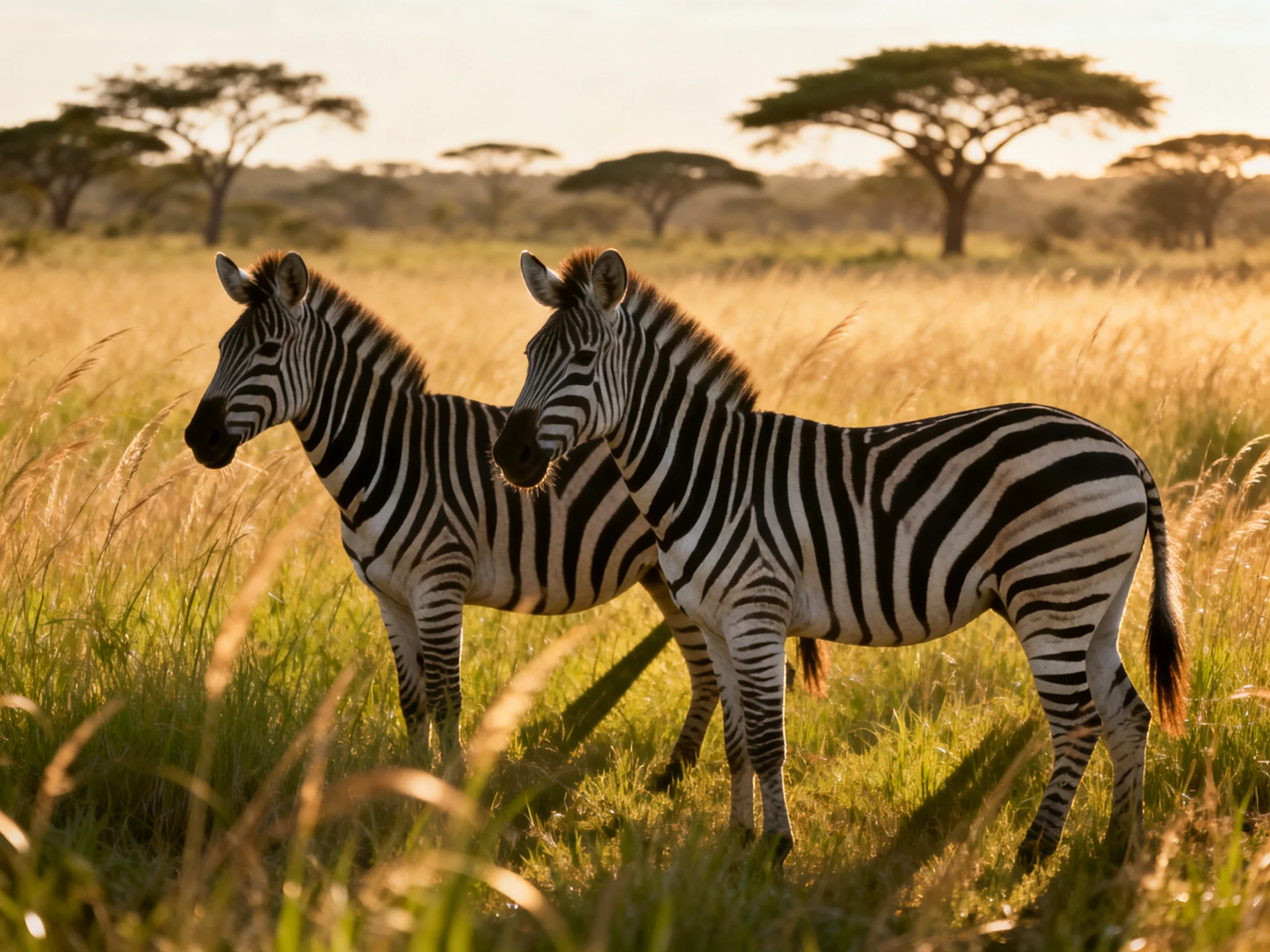Two zebras with black-and-white stripes in a sunlit savannah