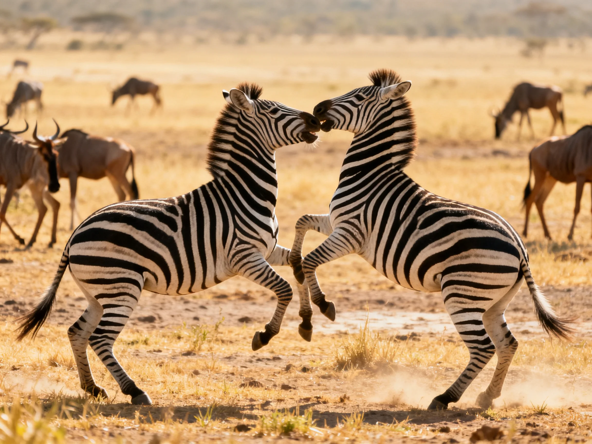 Two zebras with black-and-white stripes interact in a golden savannah