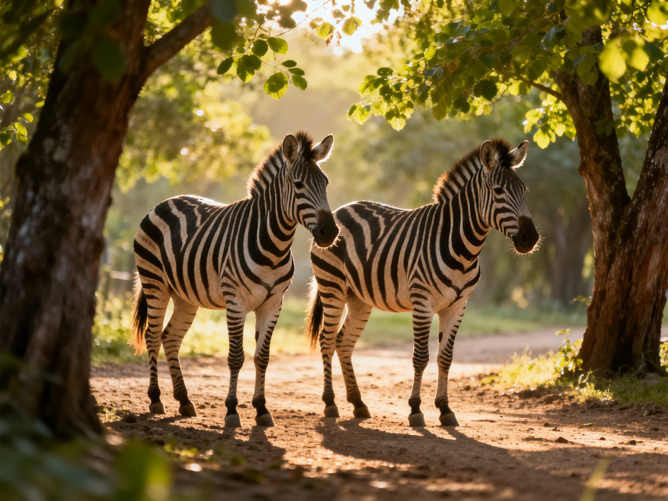 Two zebras with black-and-white stripes near leafy trees on a dirt path