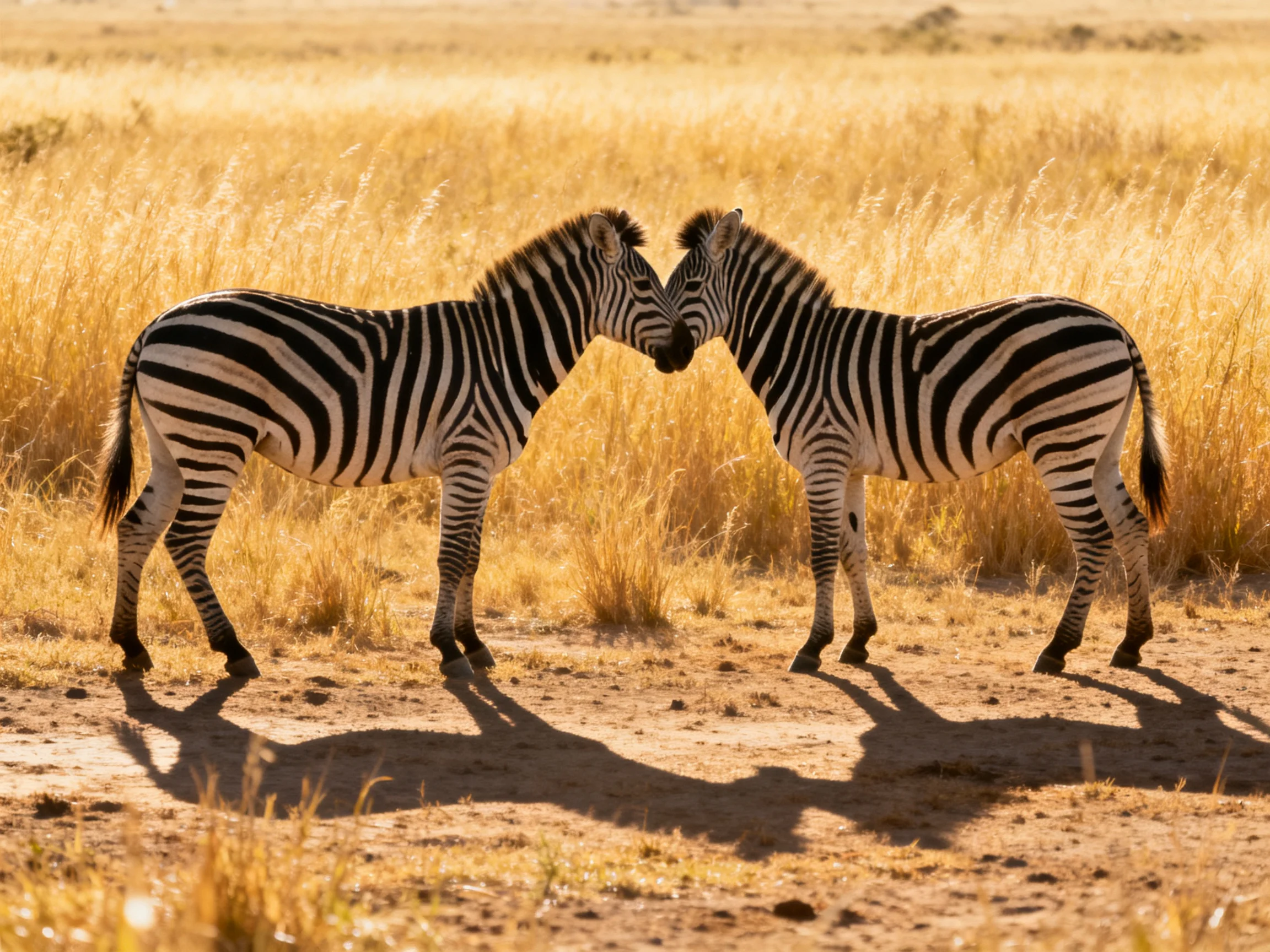 Two zebras with black-and-white stripes nuzzle in a golden savannah field