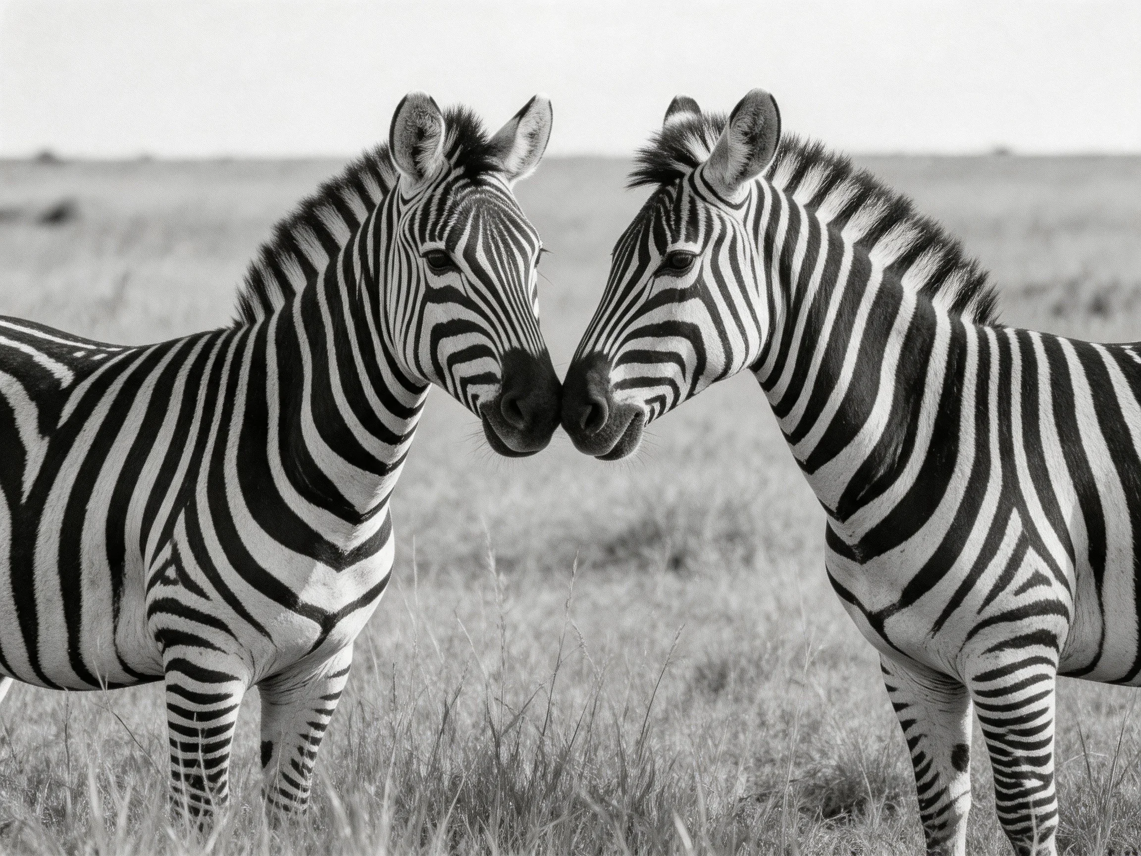 Two zebras with black-and-white stripes nuzzling in a grassy plain