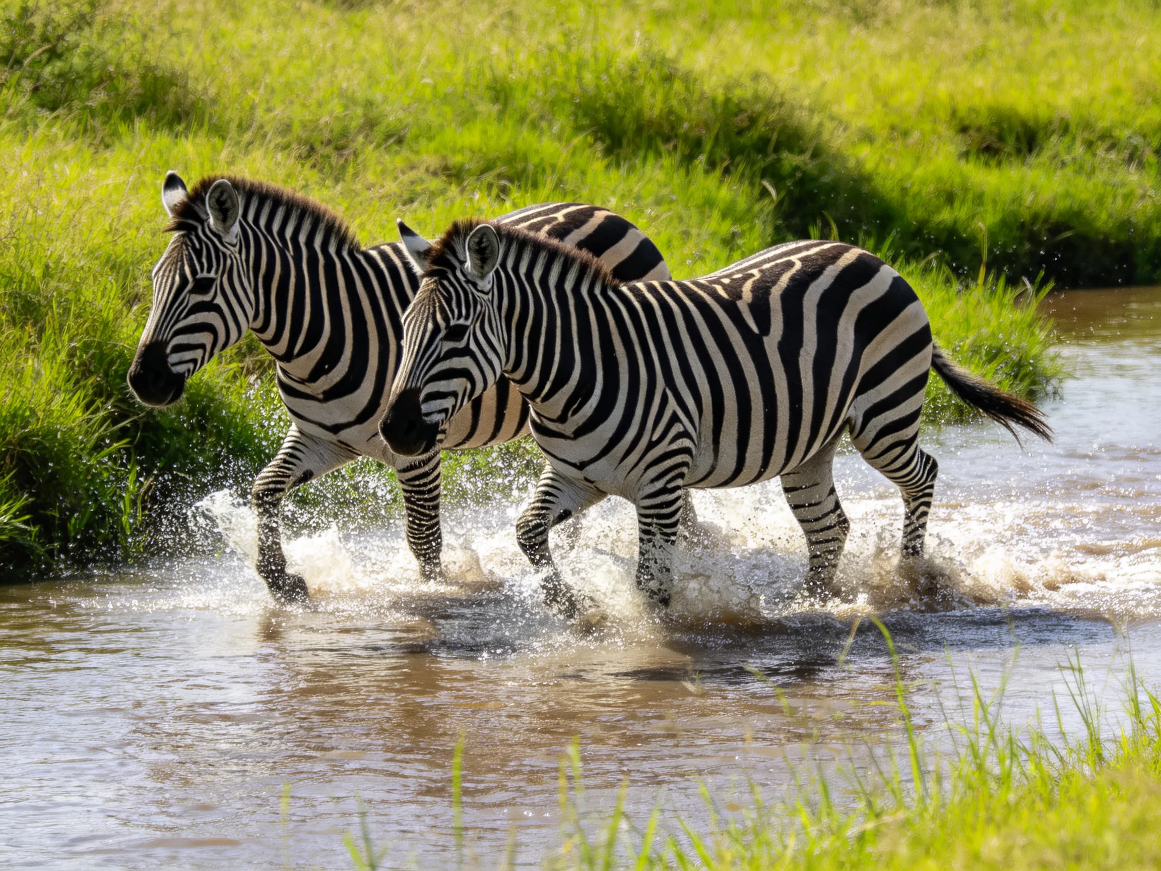 Two zebras with black-and-white stripes run through shallow water near lush green grass