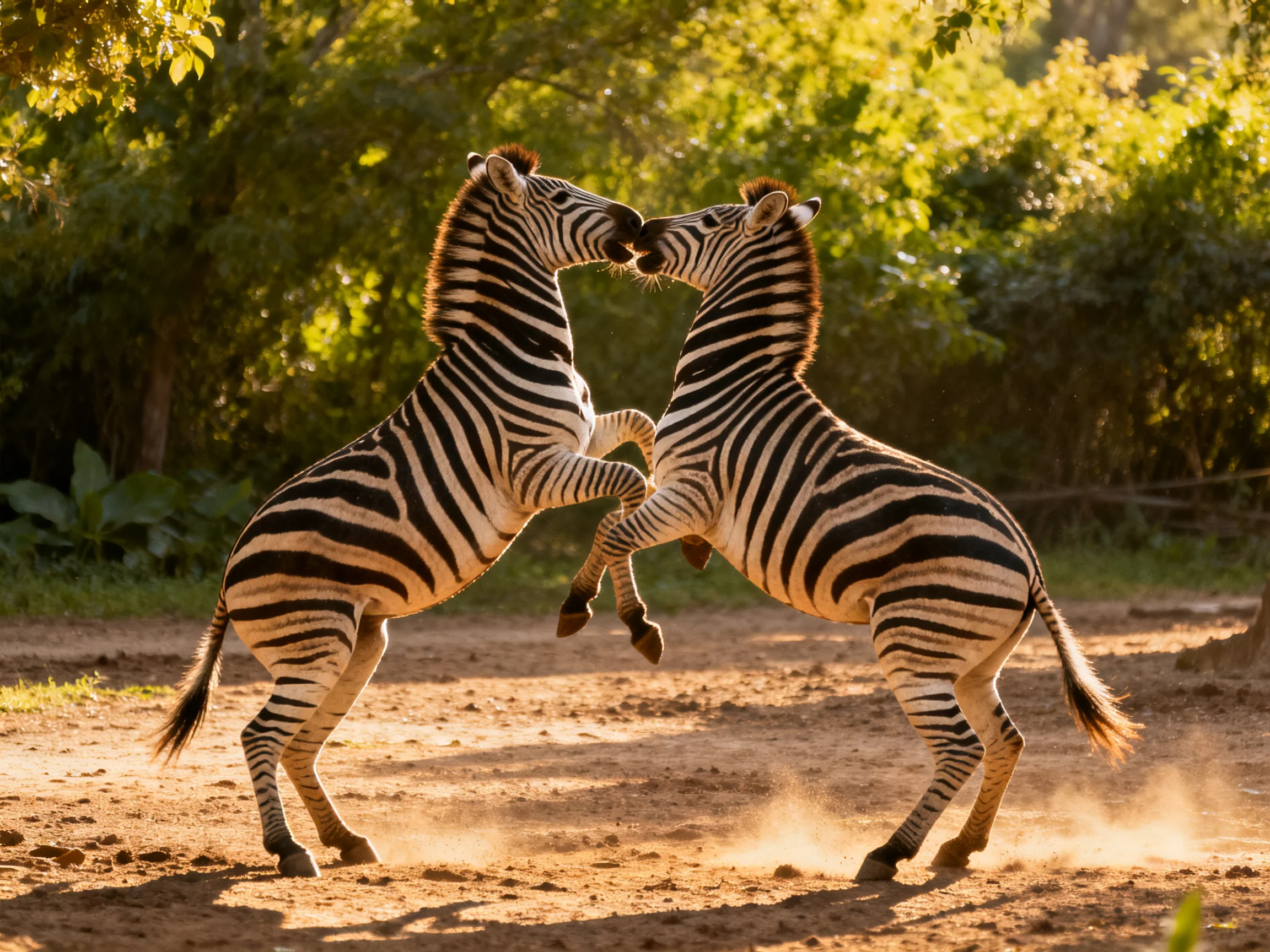 Two zebras spar playfully on a dusty path near green trees.
