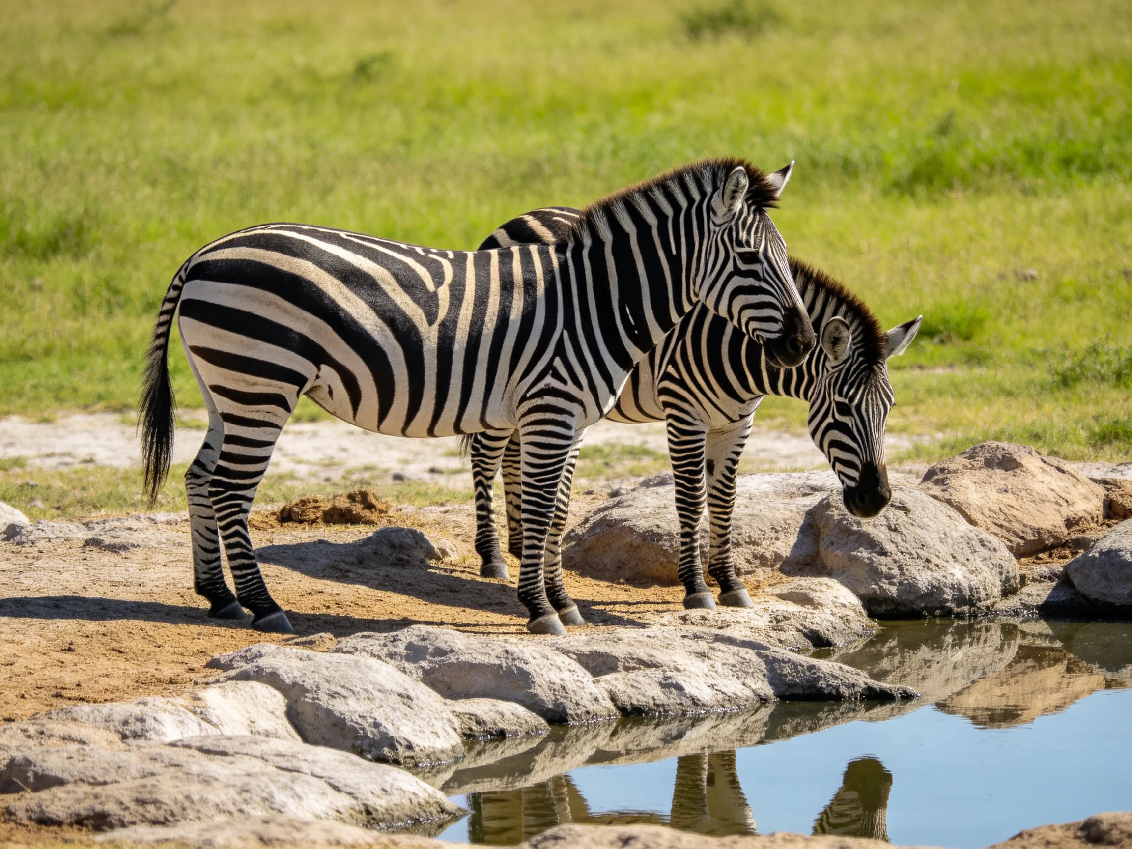 Two zebras with black-and-white stripes stand by rocky waters edge
