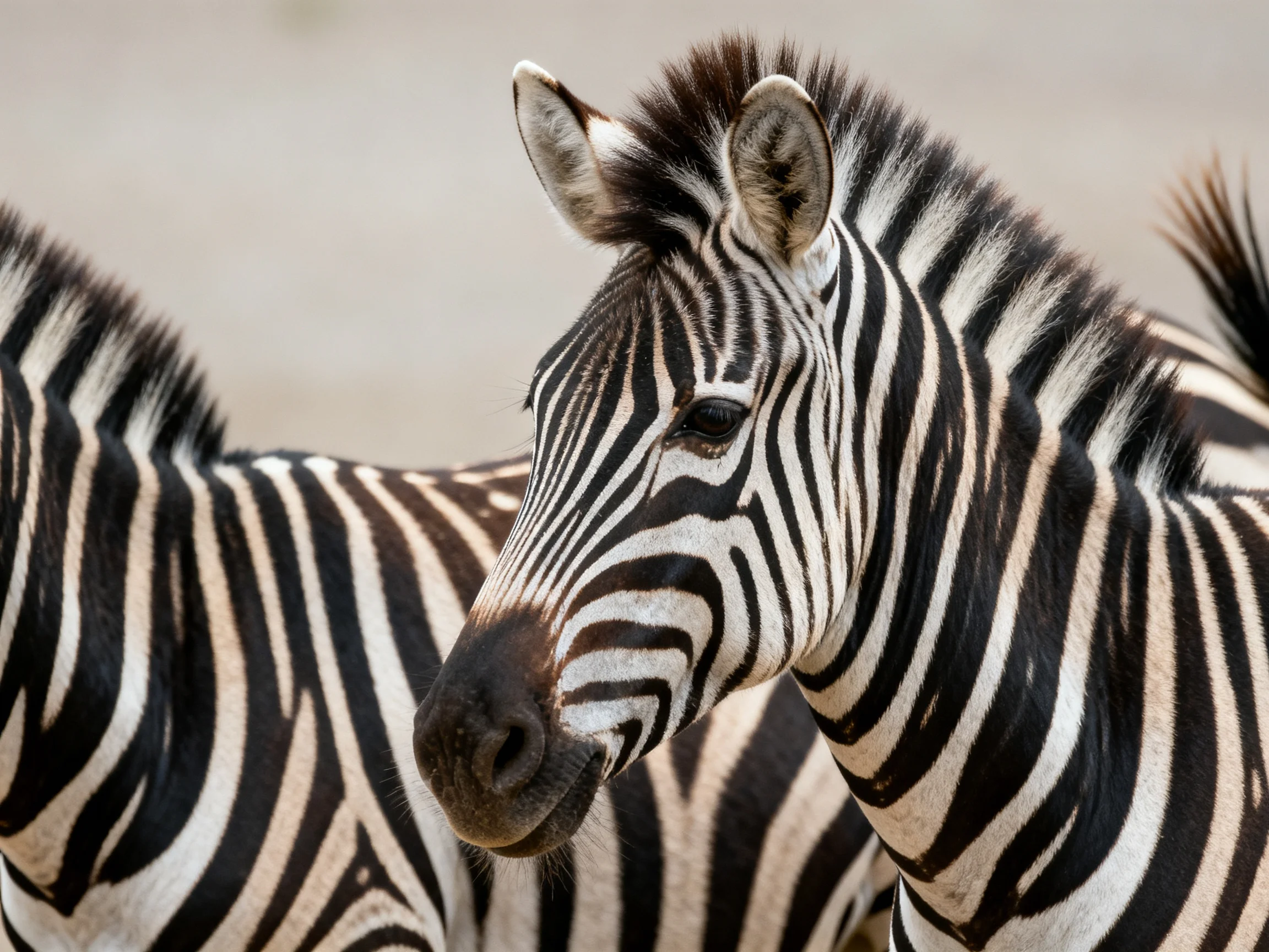 Two zebras with bold black and white striped patterns