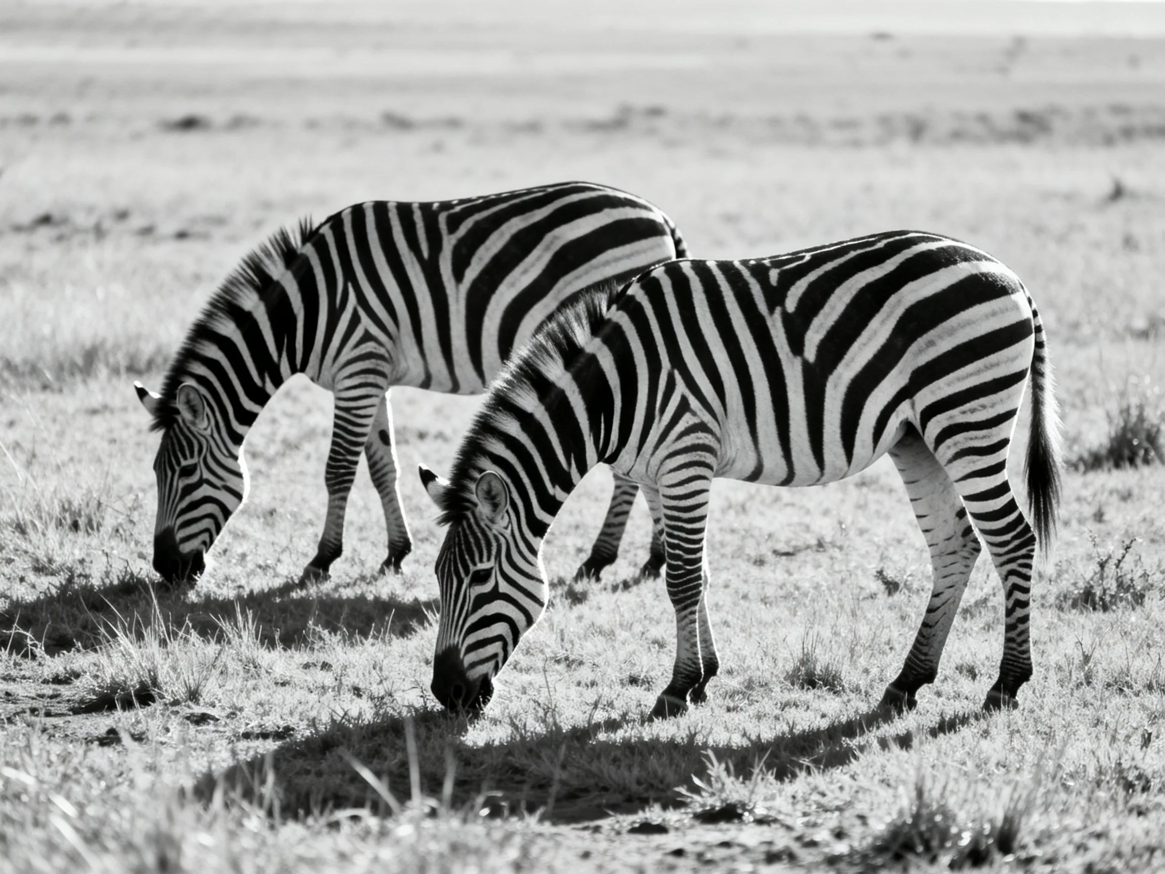 Two zebras with bold black-and-white stripes graze in an open savannah
