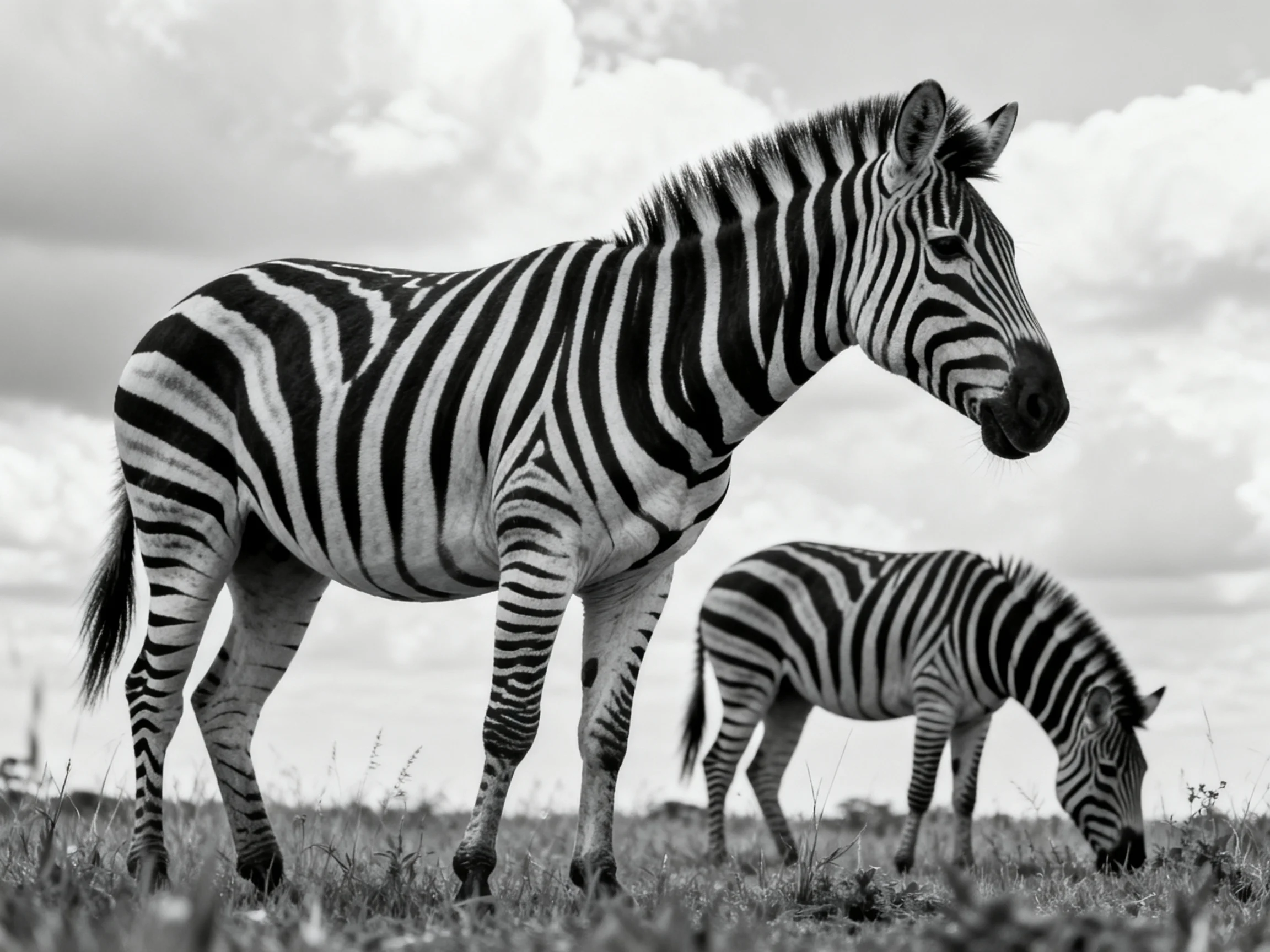 Two zebras with bold black-and-white stripes in a grassy field