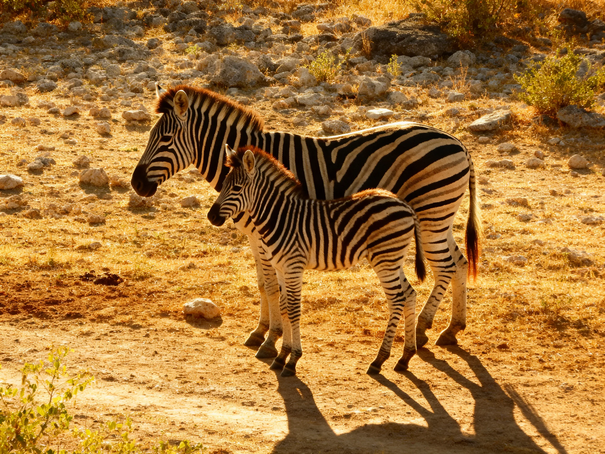 Two zebras with bold black-and-white stripes in a sunlit rocky terrain