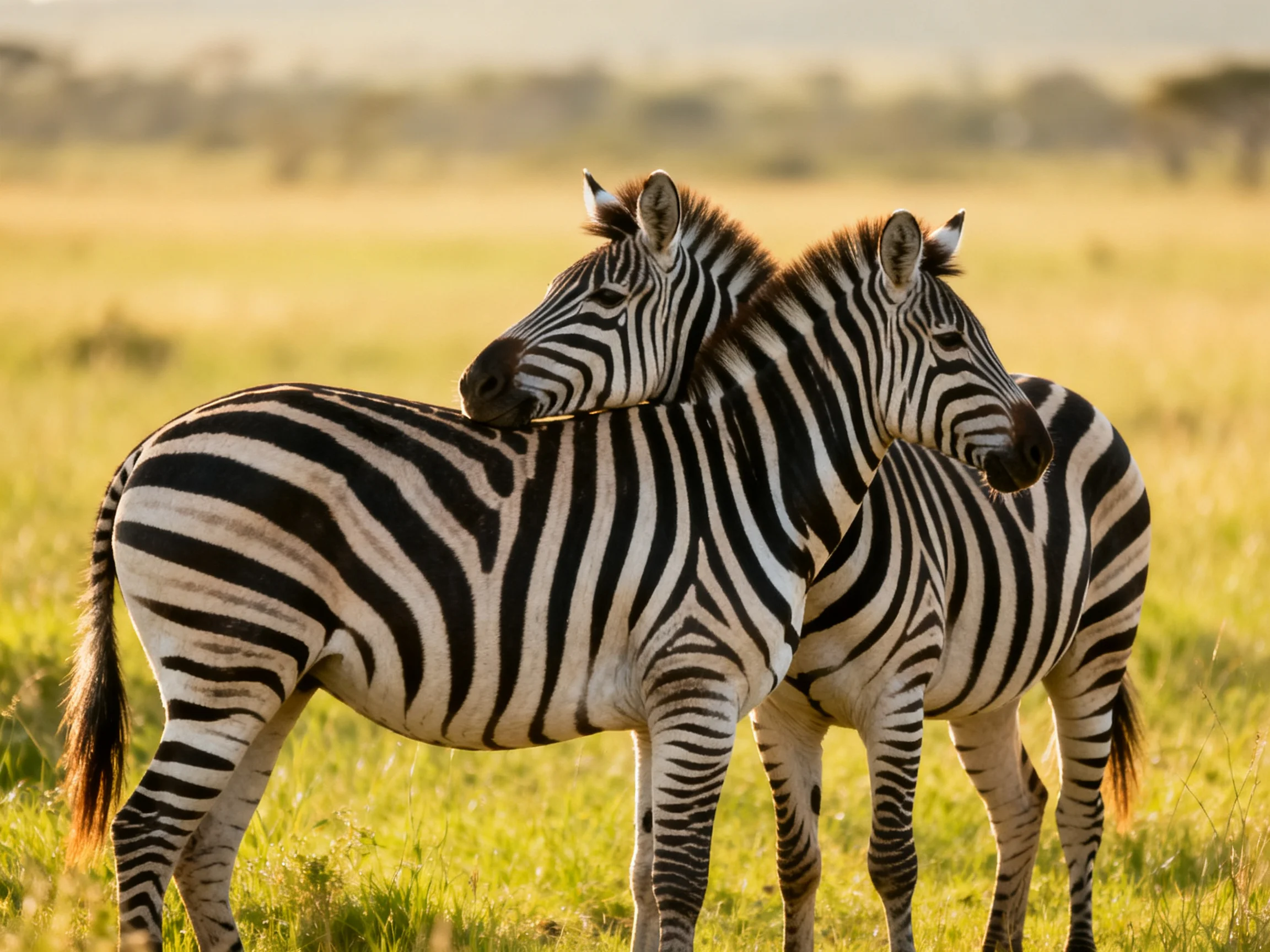 Two zebras with bold black-and-white stripes in a sunlit savannah