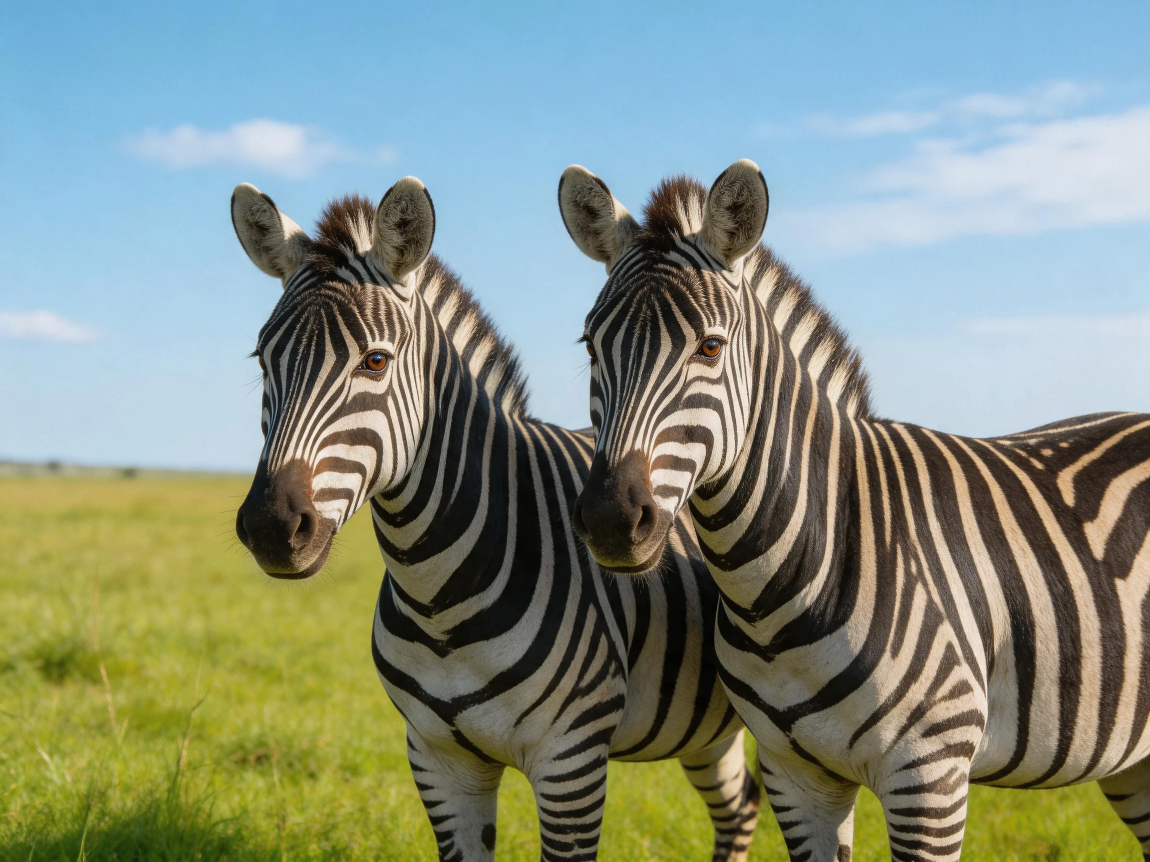 Two zebras with bold black-and-white stripes in a sunny grassy field under a clear blue sky