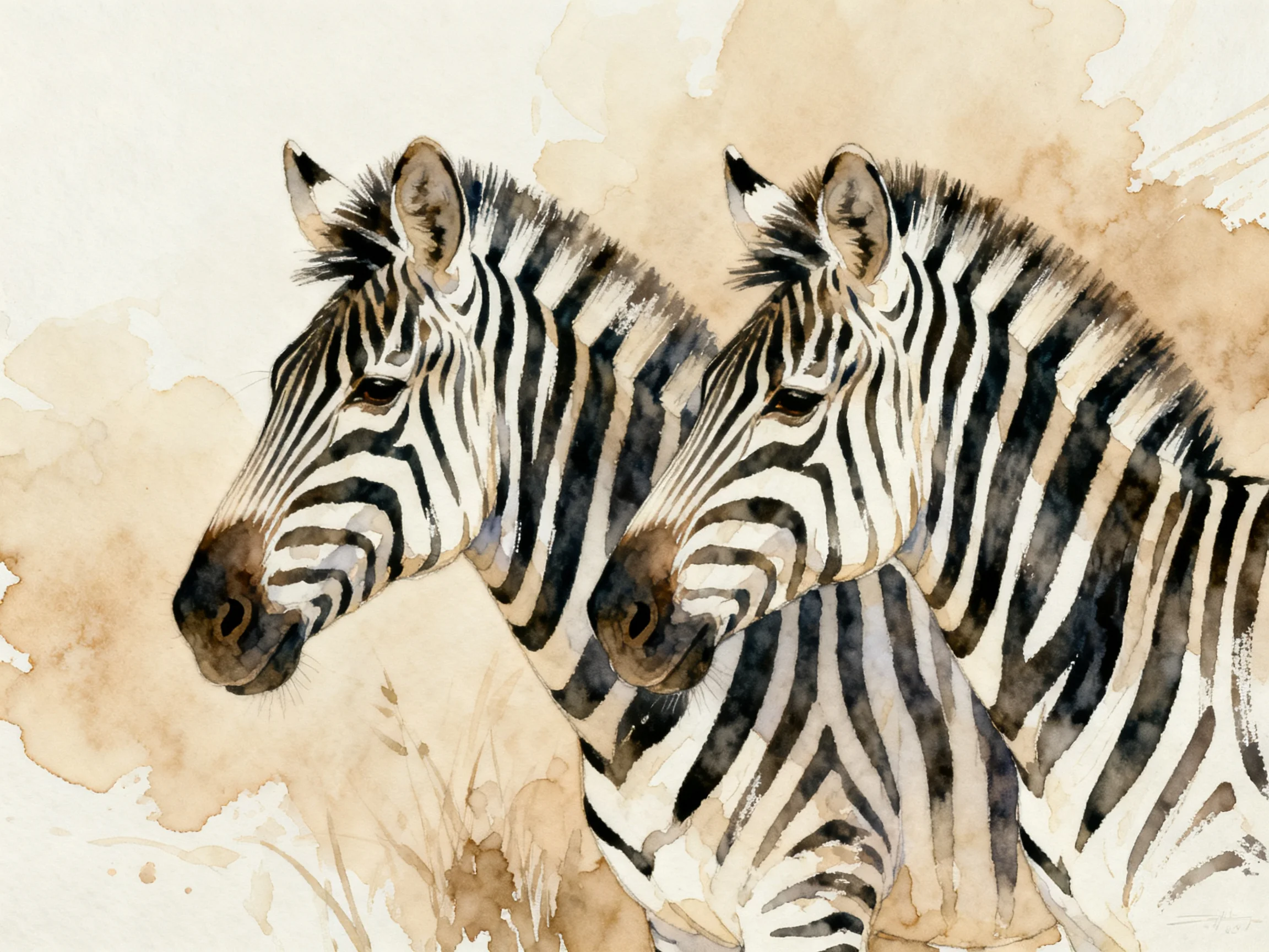 Two zebras with bold black-and-white stripes in a watercolor landscape
