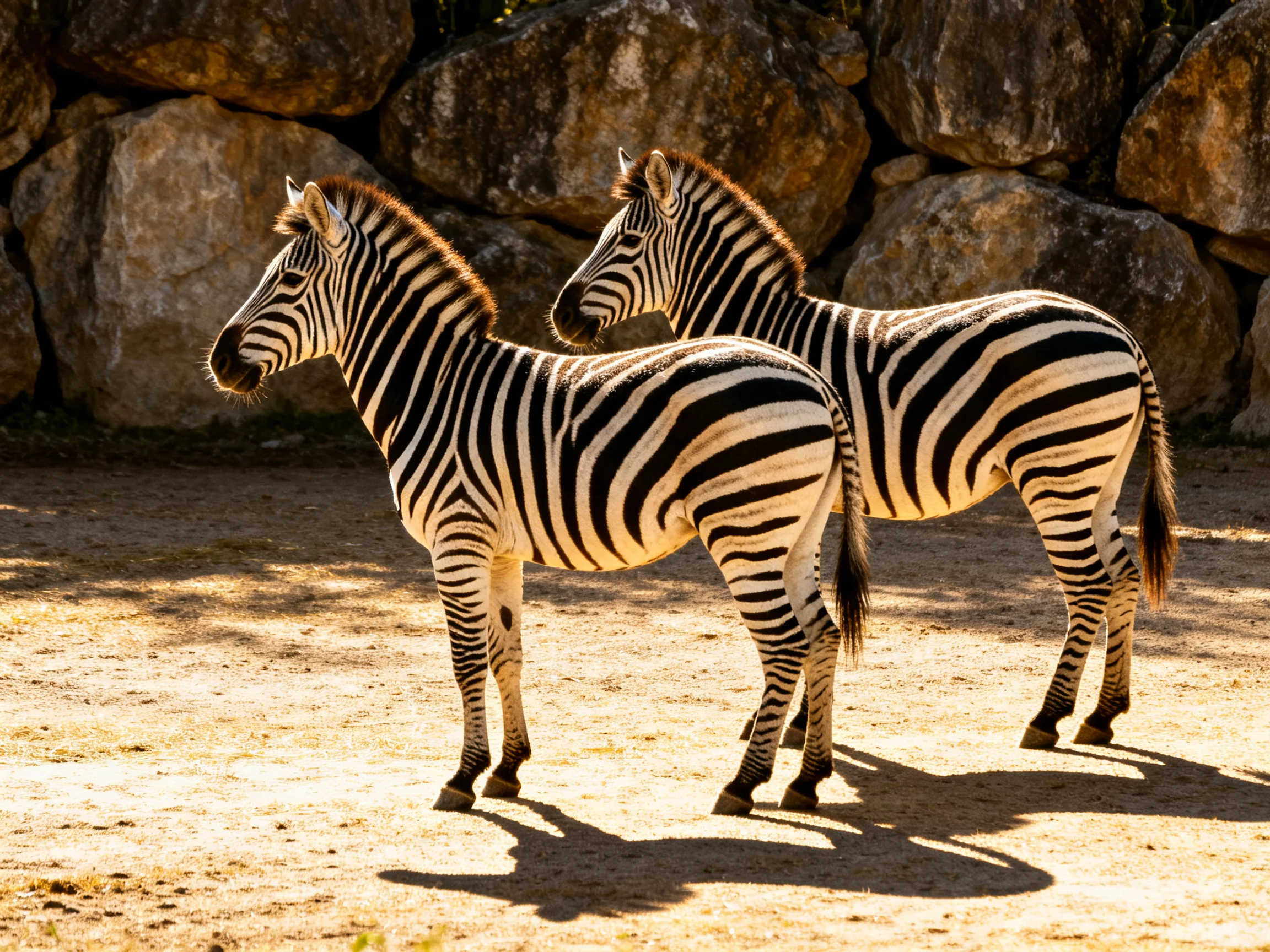 Two zebras with bold black-and-white stripes near a rocky wall