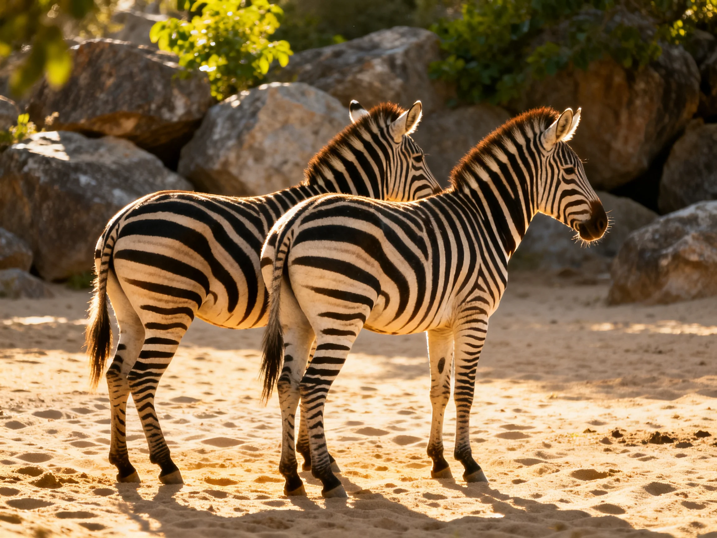 Two zebras with bold black-and-white stripes near large rocks on sandy ground