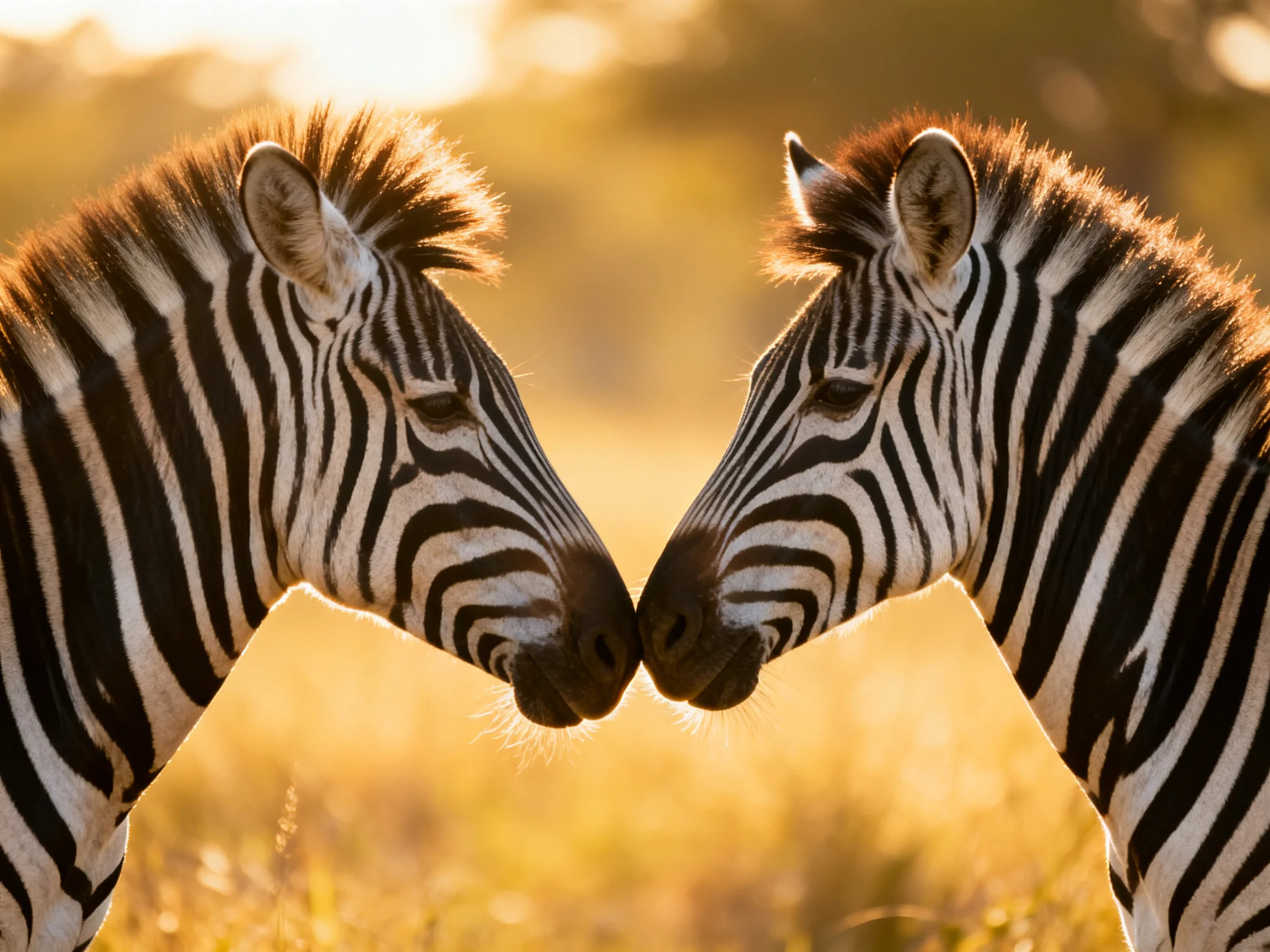 Two zebras with bold black and white stripes nuzzle in golden savannah light