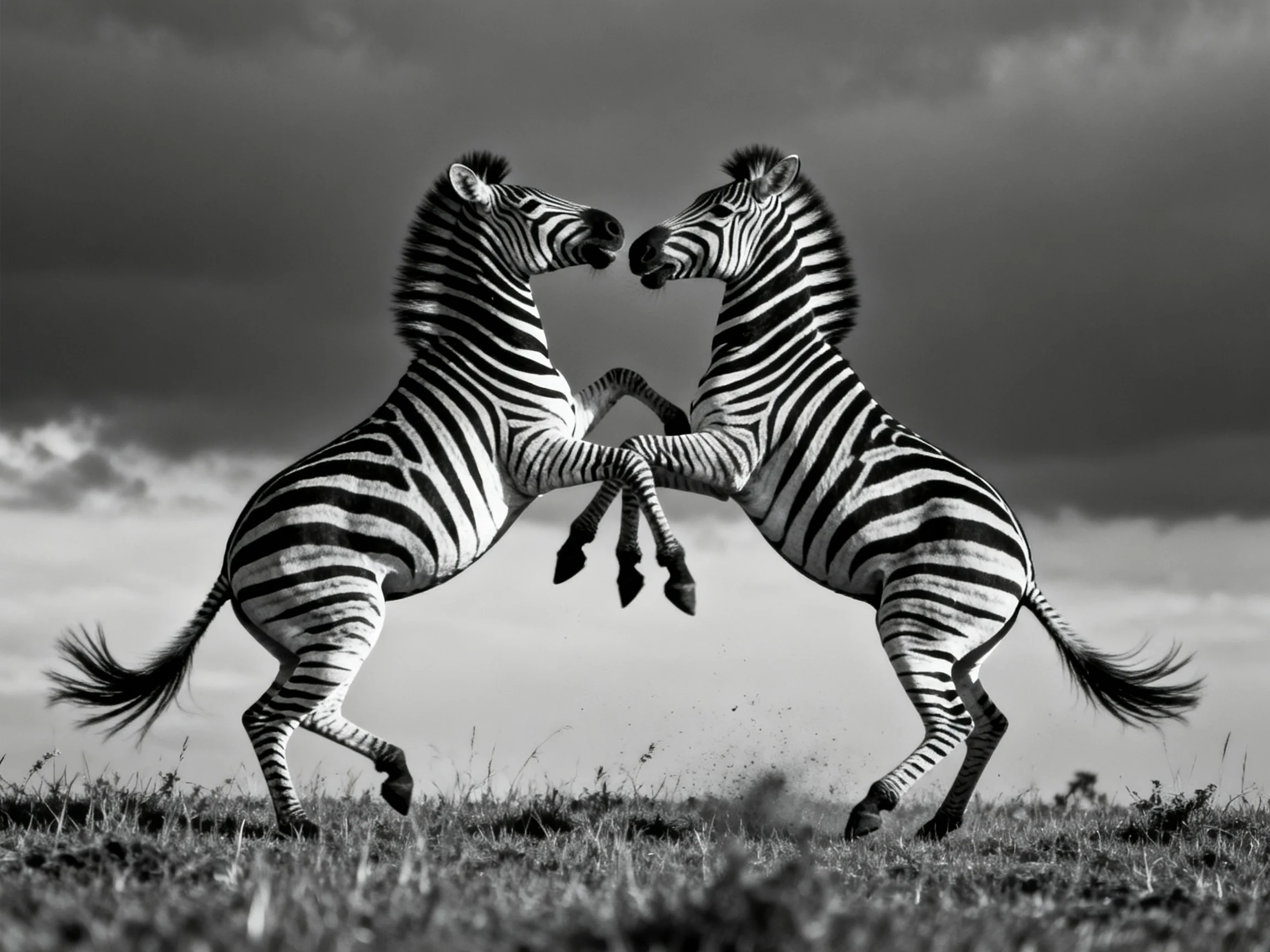 Two zebras with bold black-and-white stripes sparring in an open field