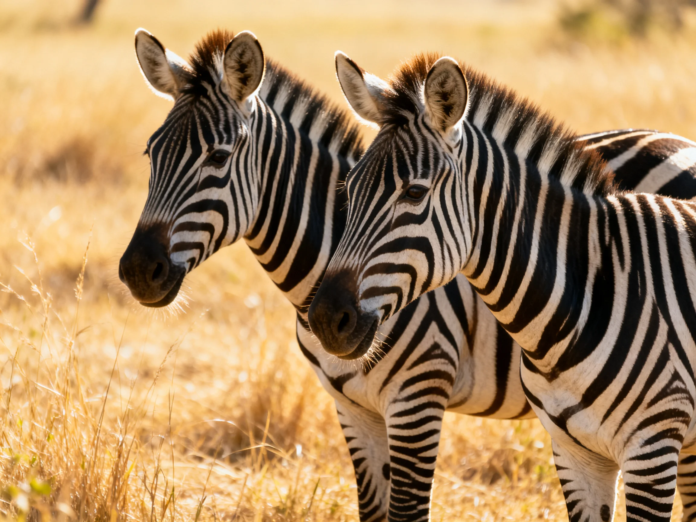 Two zebras with bold black-and-white stripes stand in golden savannah grass