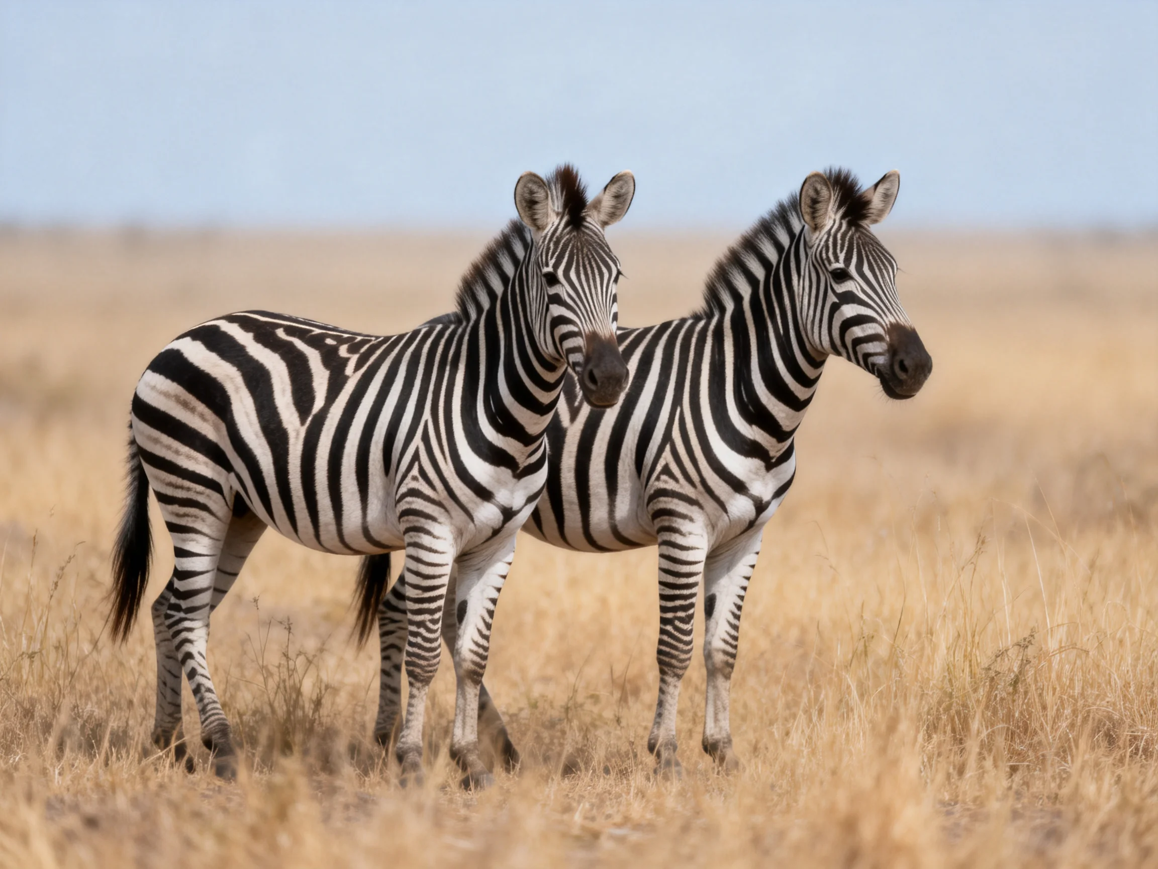 Two zebras with bold black-and-white stripes stand in golden savannah grass