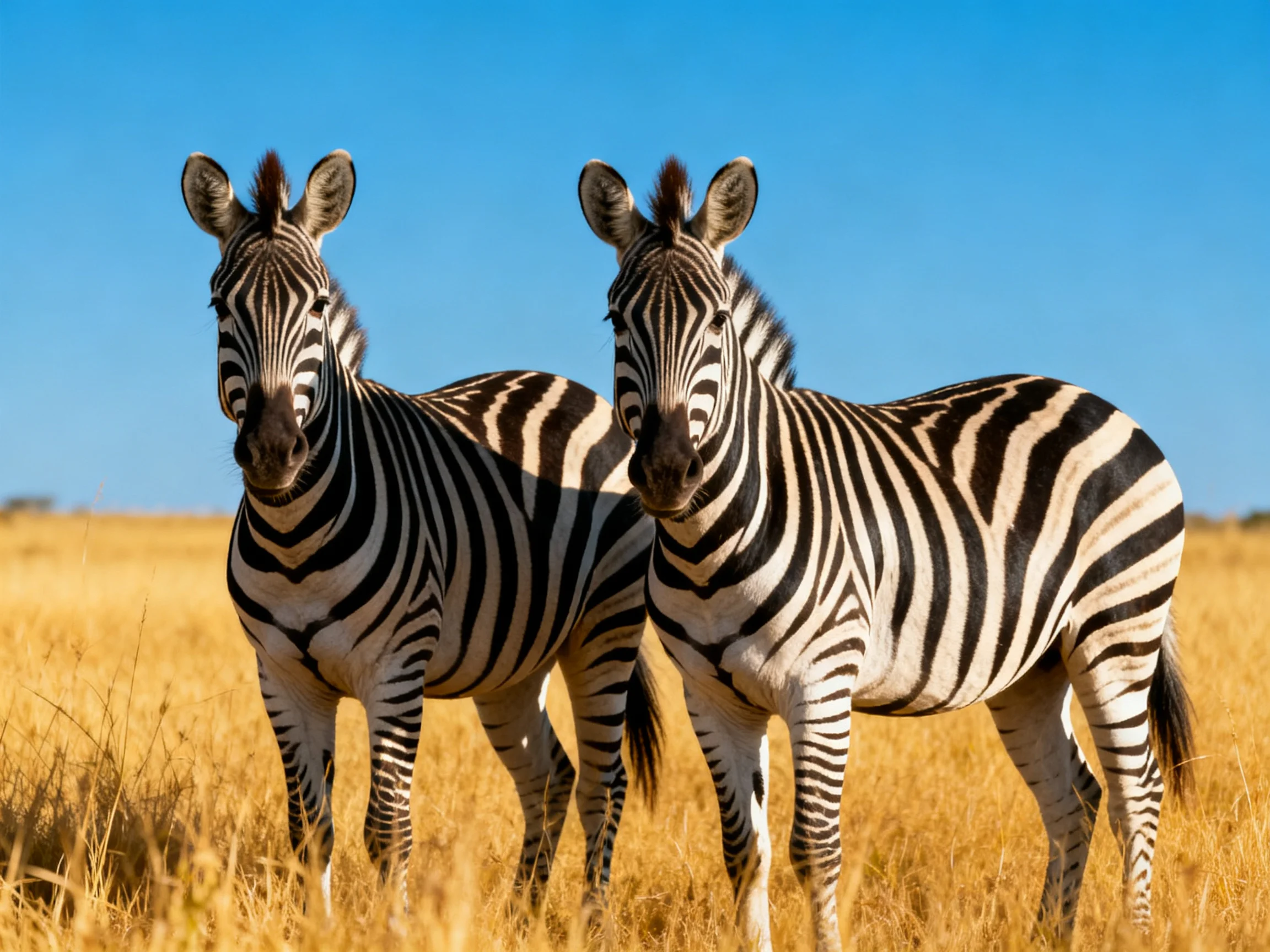 Two zebras with striped coats stand together in a sunny savannah.