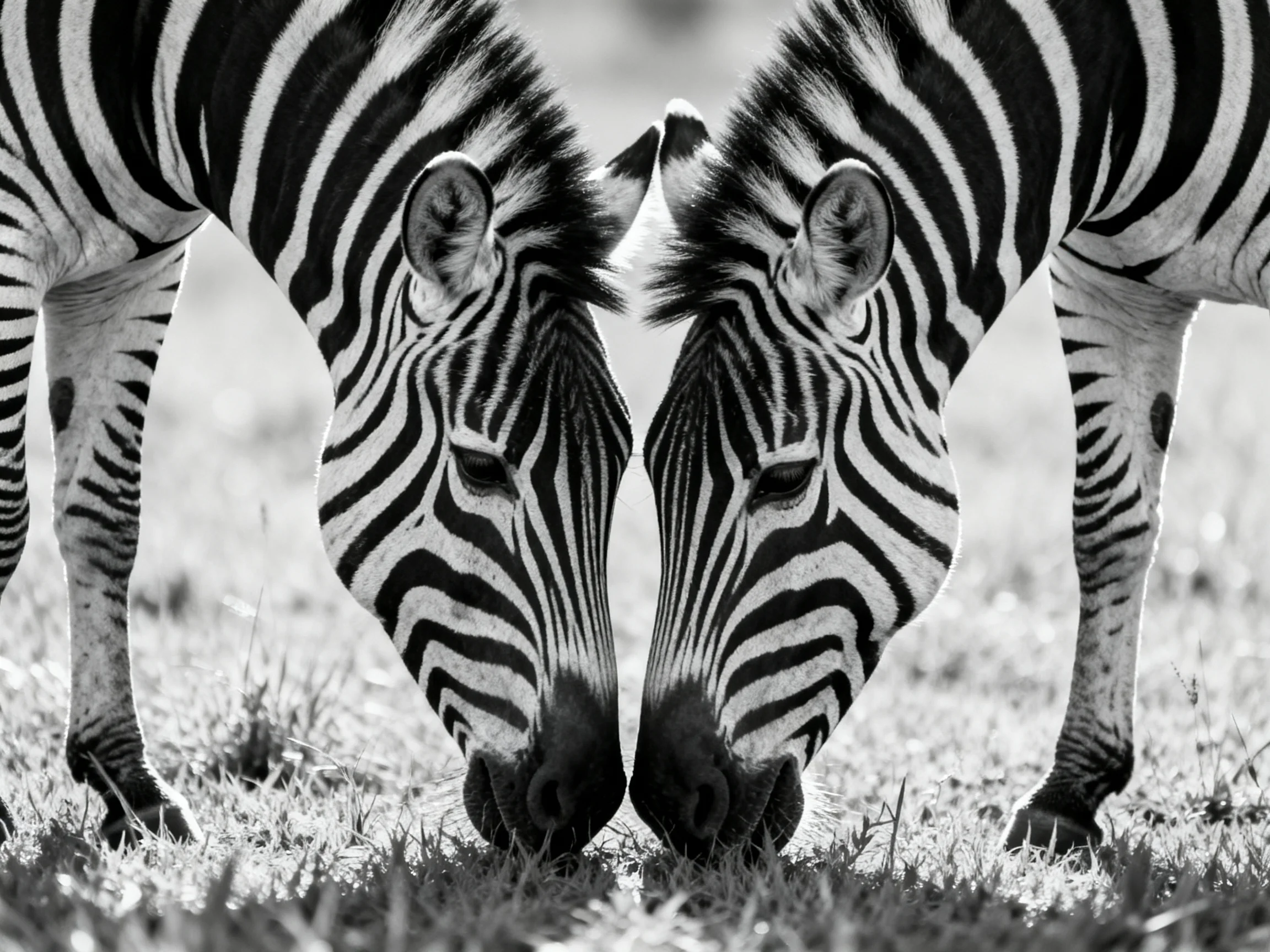Two zebras with contrasting black-and-white stripes graze closely together