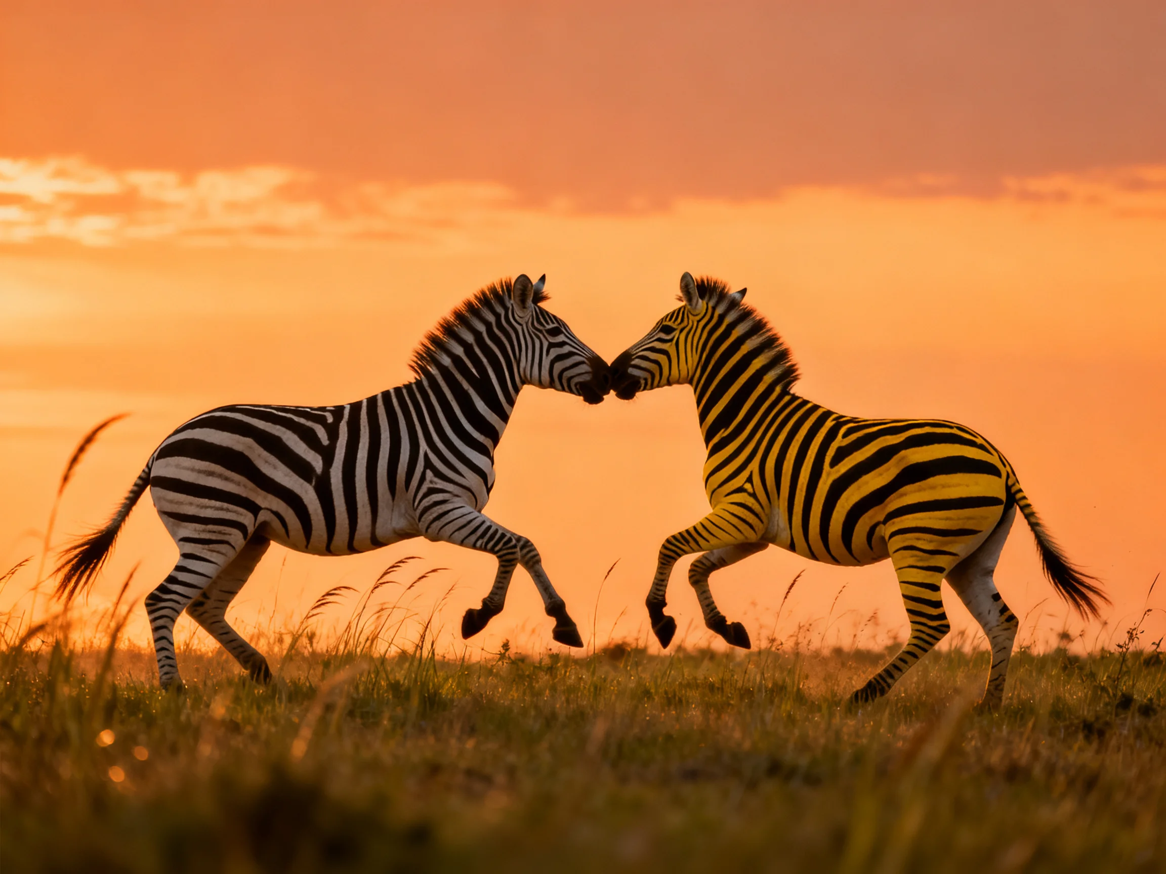 Two zebras with contrasting stripe patterns interact in a sunset grassland
