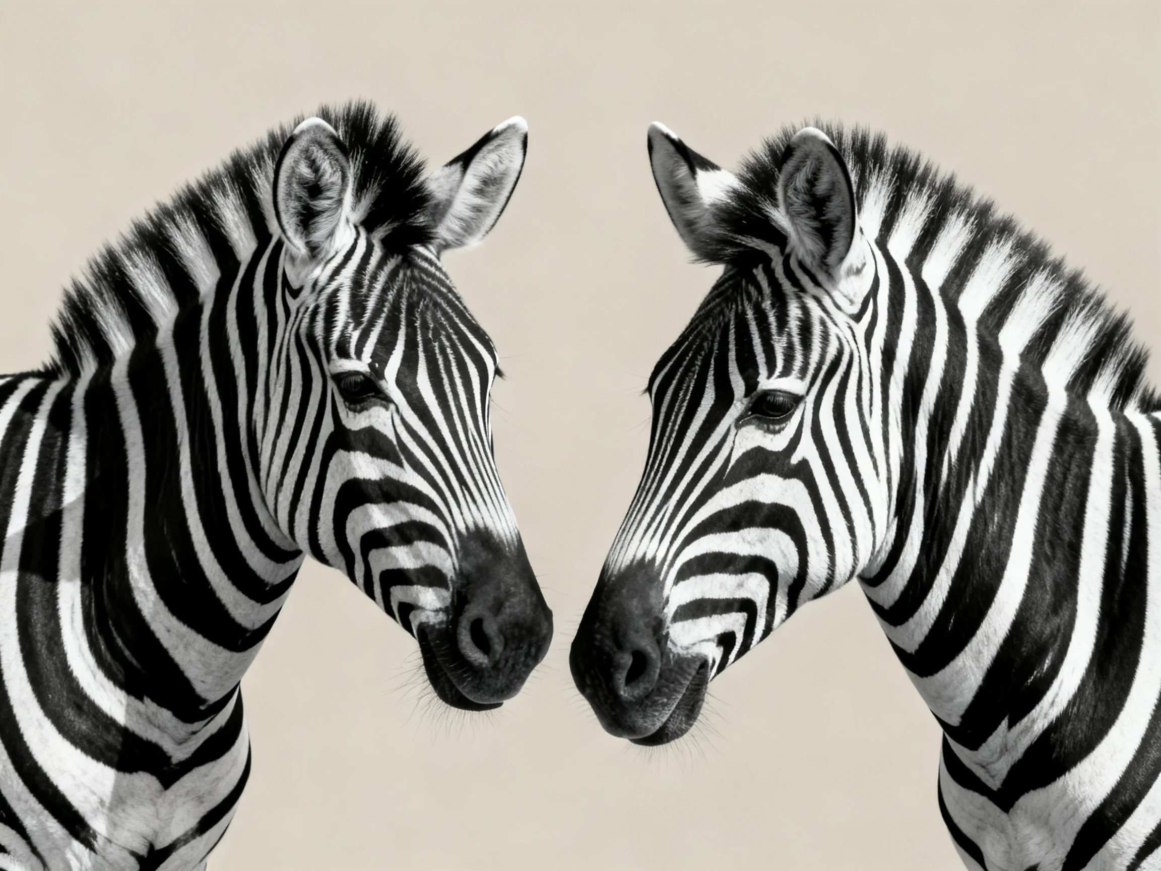Two zebras with striking black-and-white stripes face each other