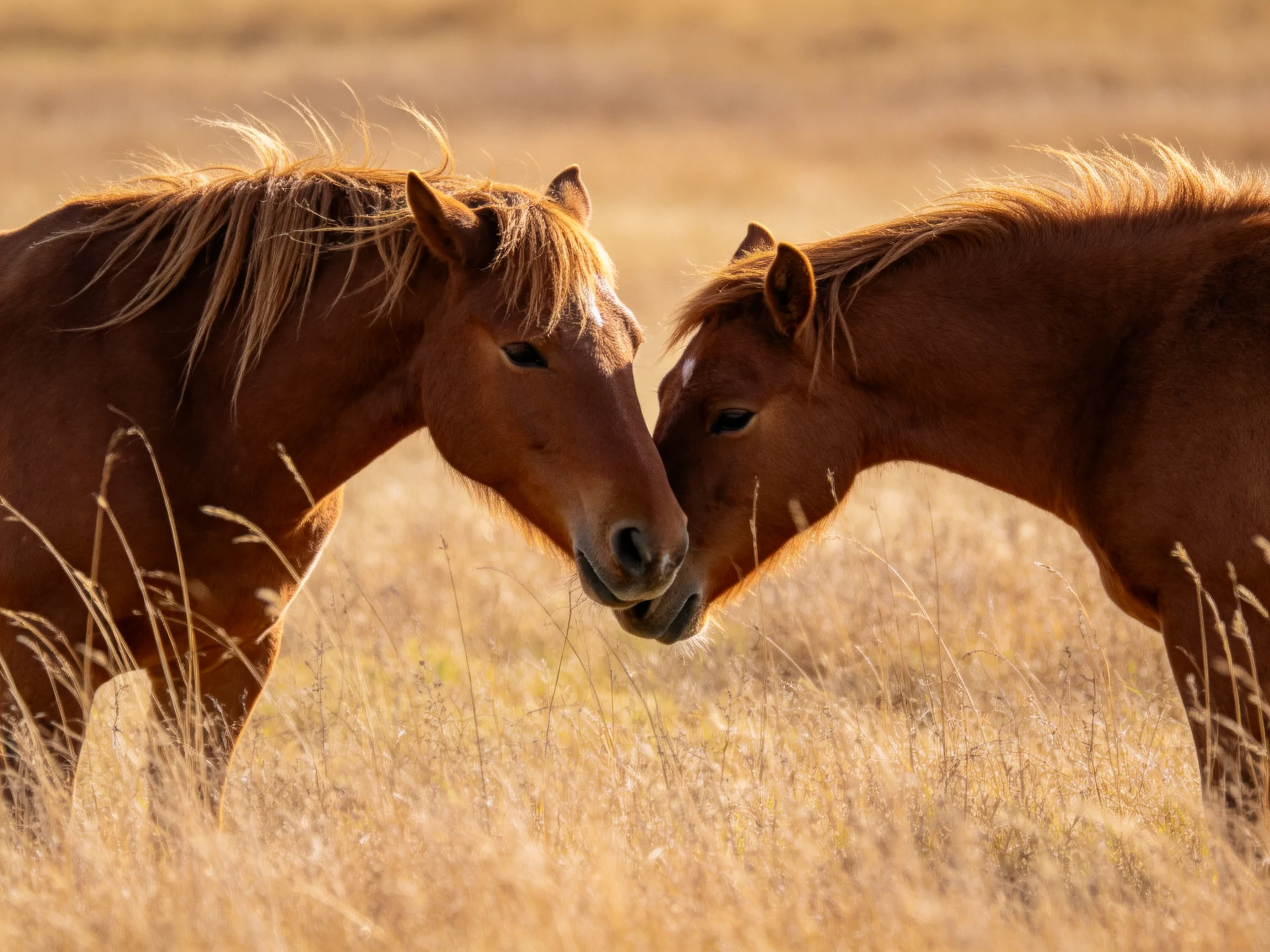 Twochestnut horses nuzzle in a sunlit golden meadow