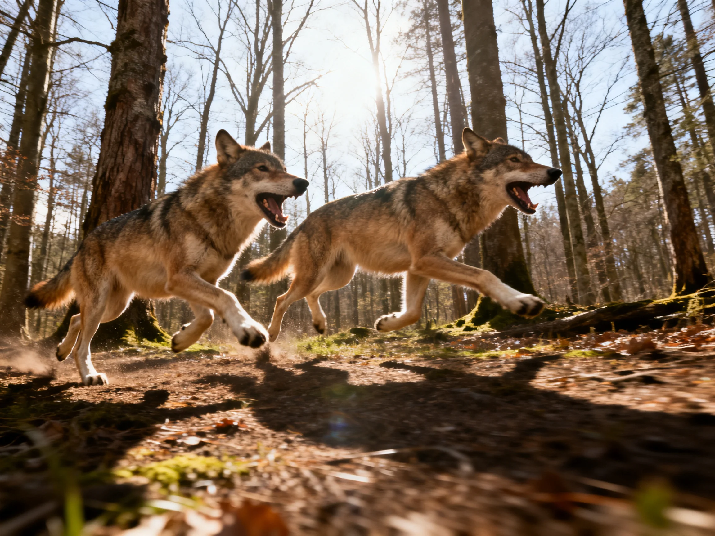Twogray wolves sprinting through a sun-dappled forest trail