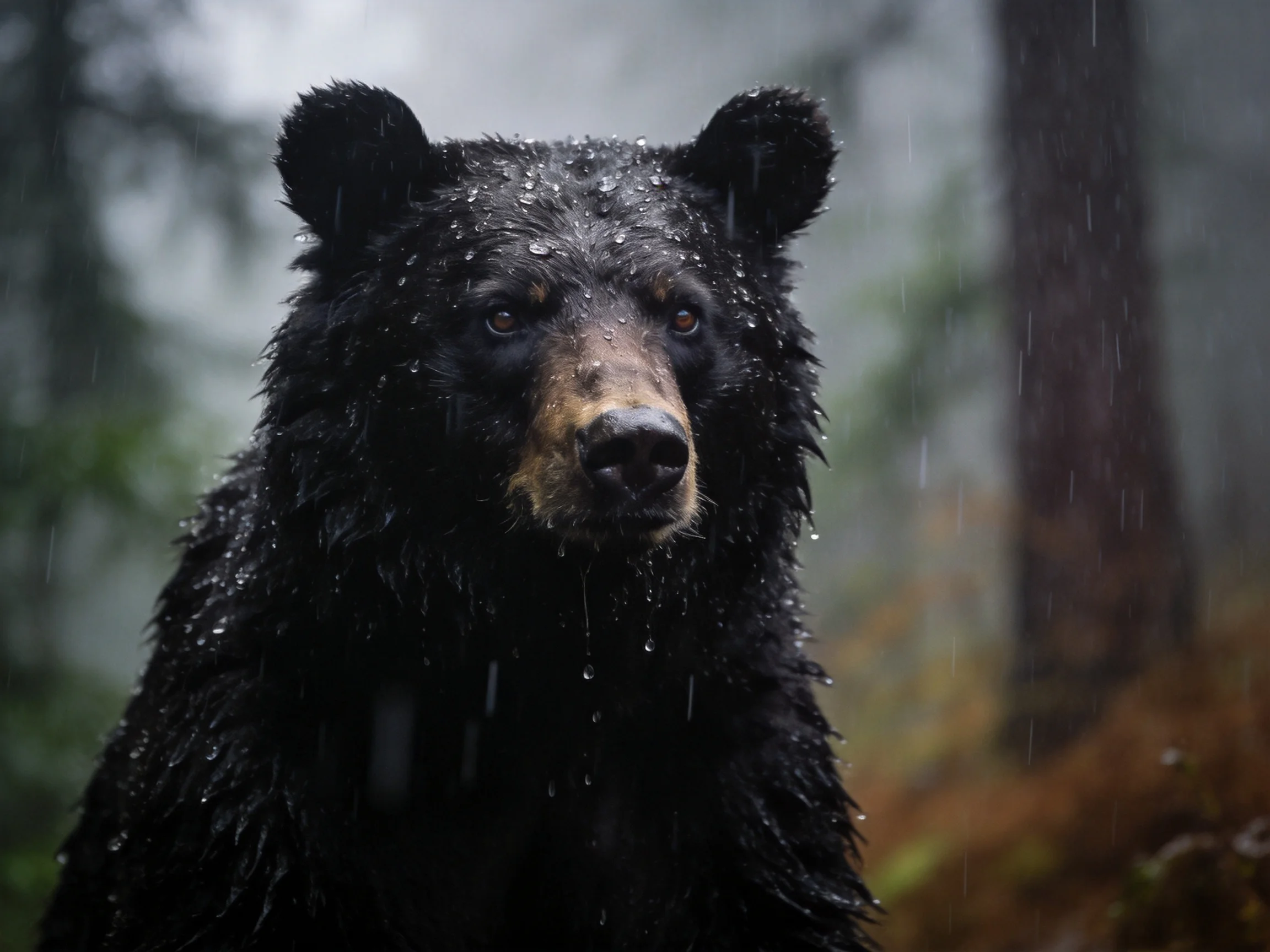 Wet black bear in a misty rain-drenched forest