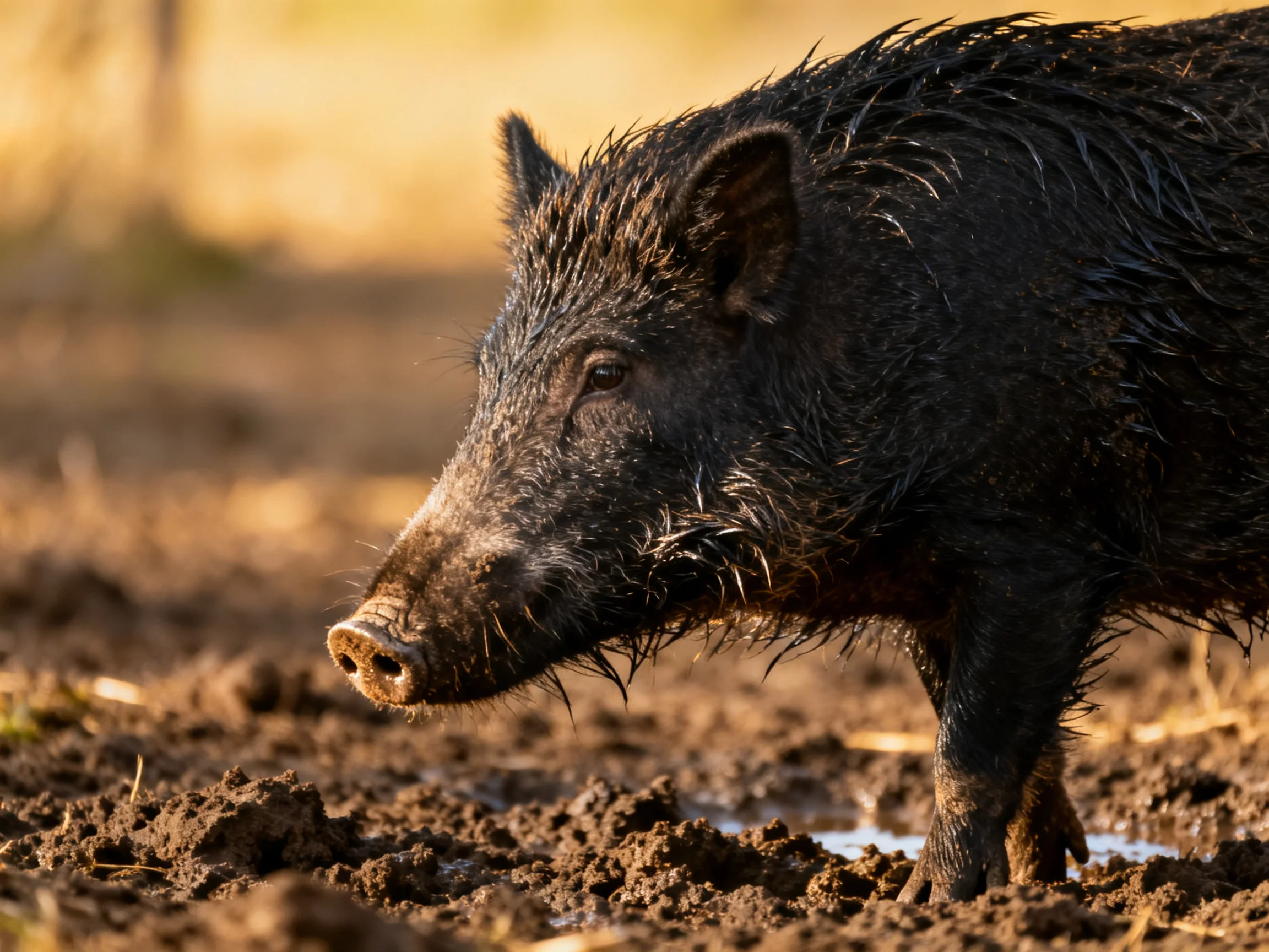 Wet black wild boar forages in muddy terrain under golden light