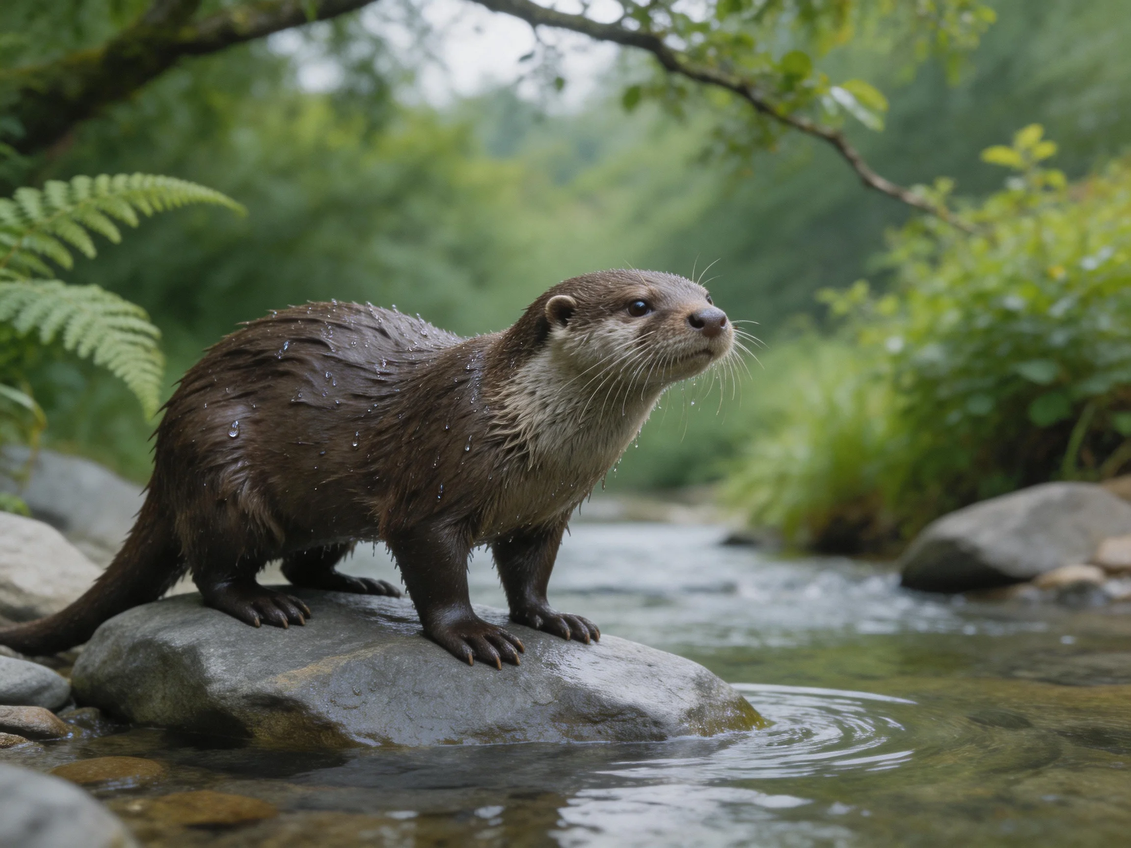 Wet brown otter perched on a rock by a clear stream
