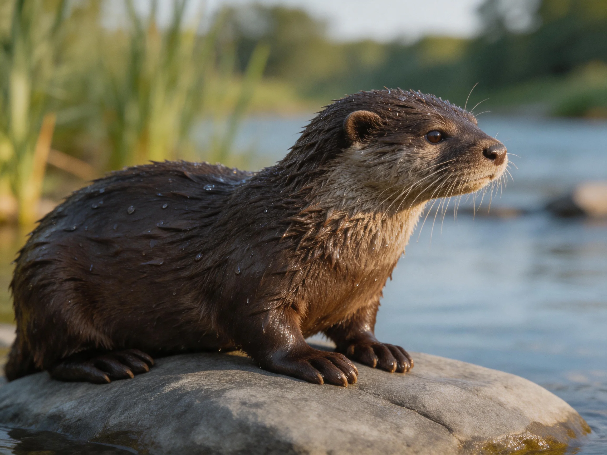 Wet brown river otter resting on a gray rock by calm waters