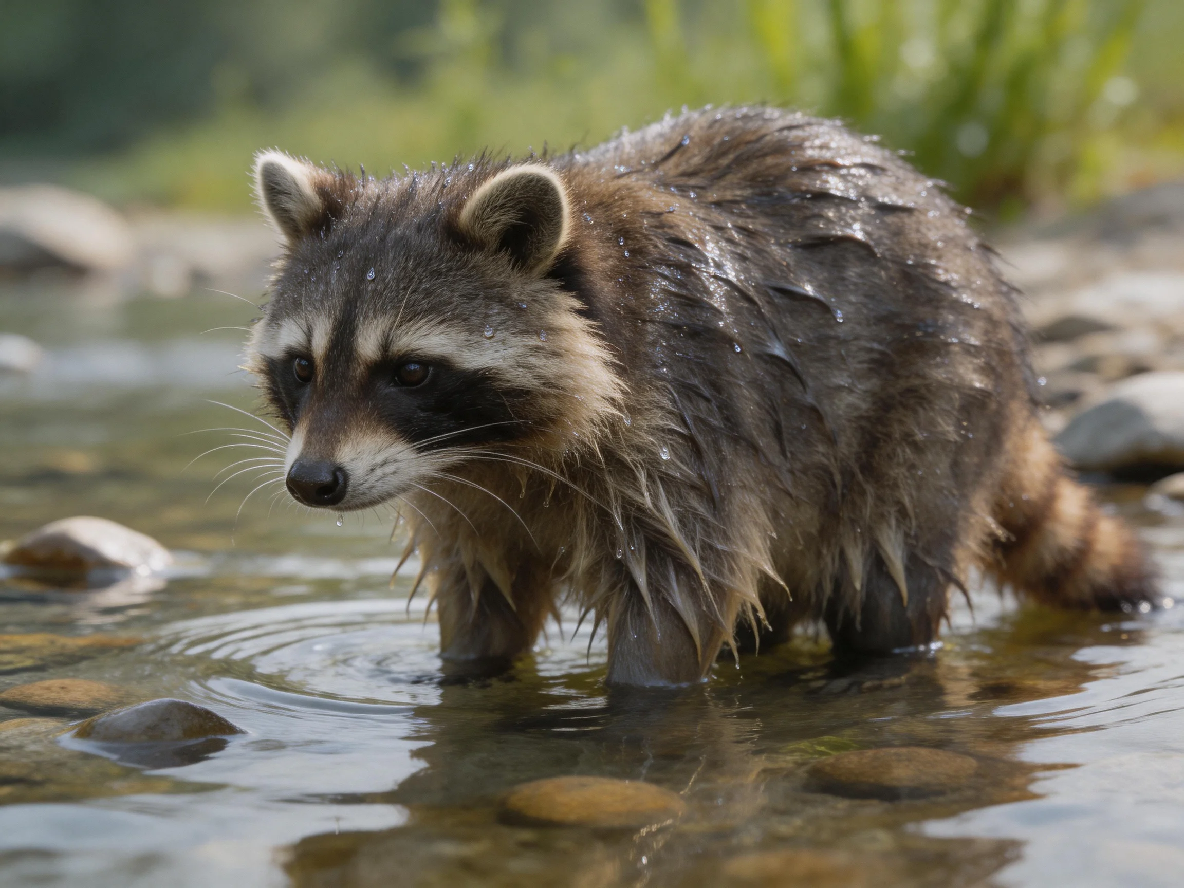 A wet raccoon explores a rocky stream.