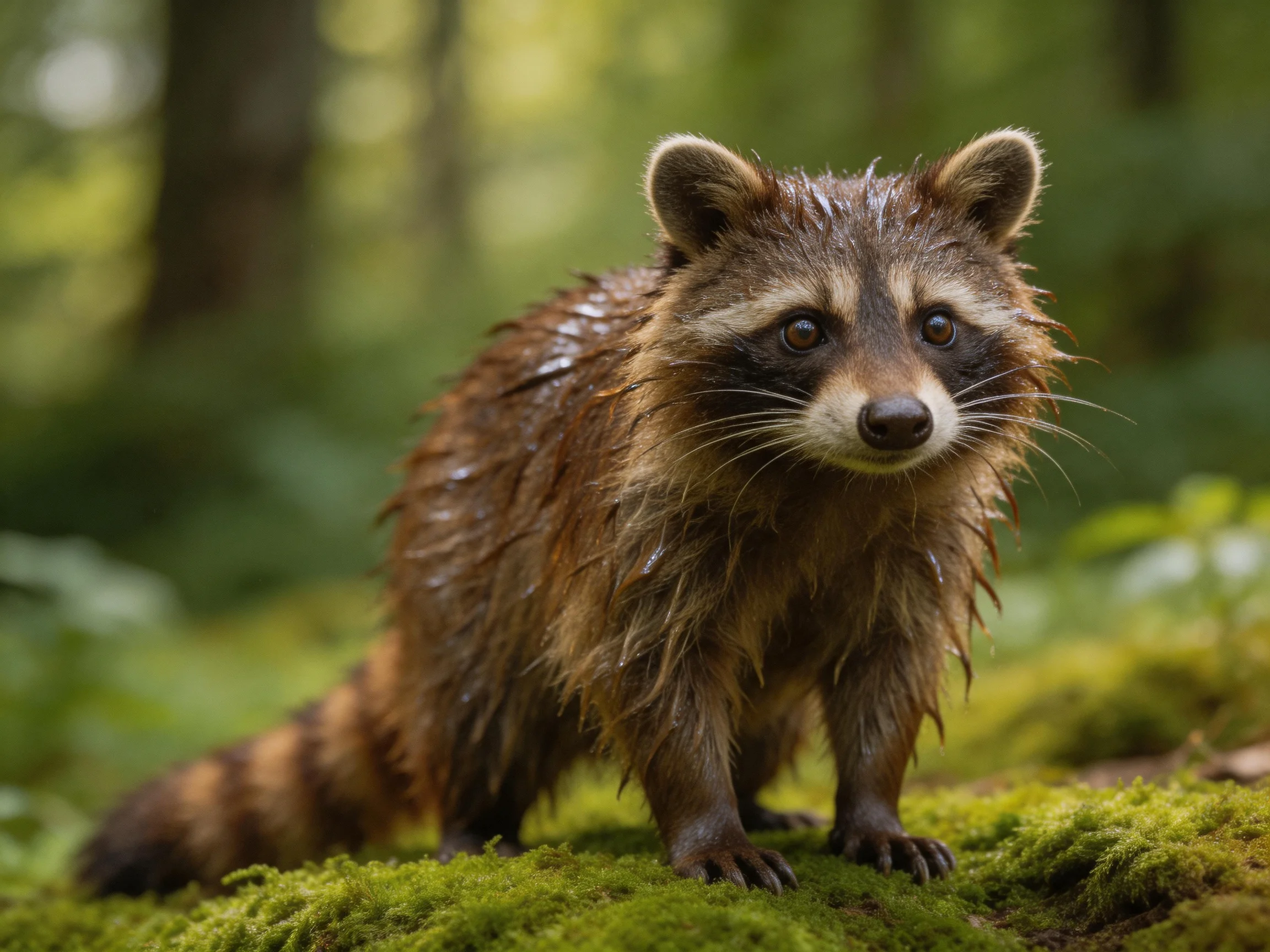 A wet raccoon stands on mossy forest ground.