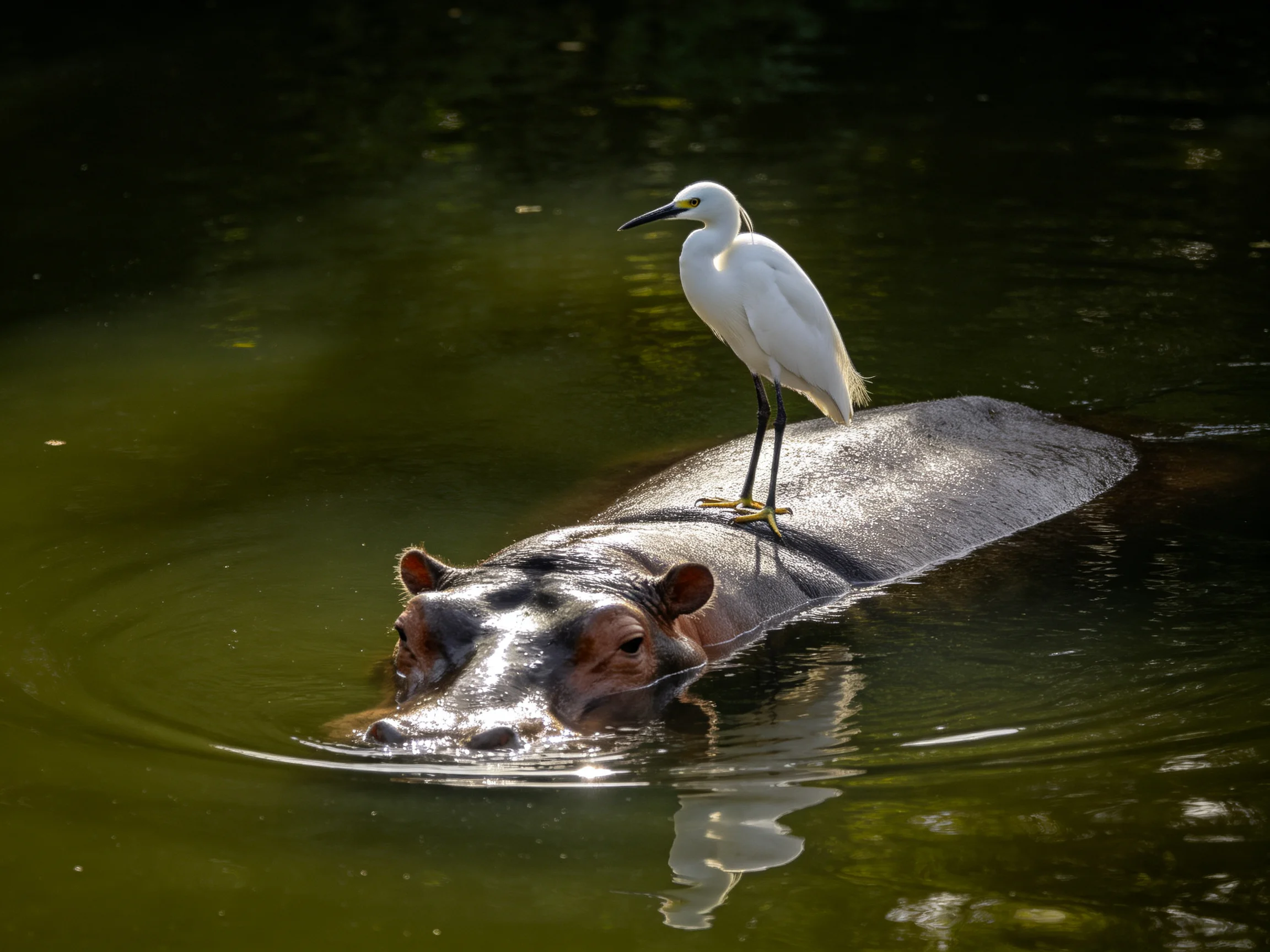 A white egret rests on a hippopotamus swimming in calm water.