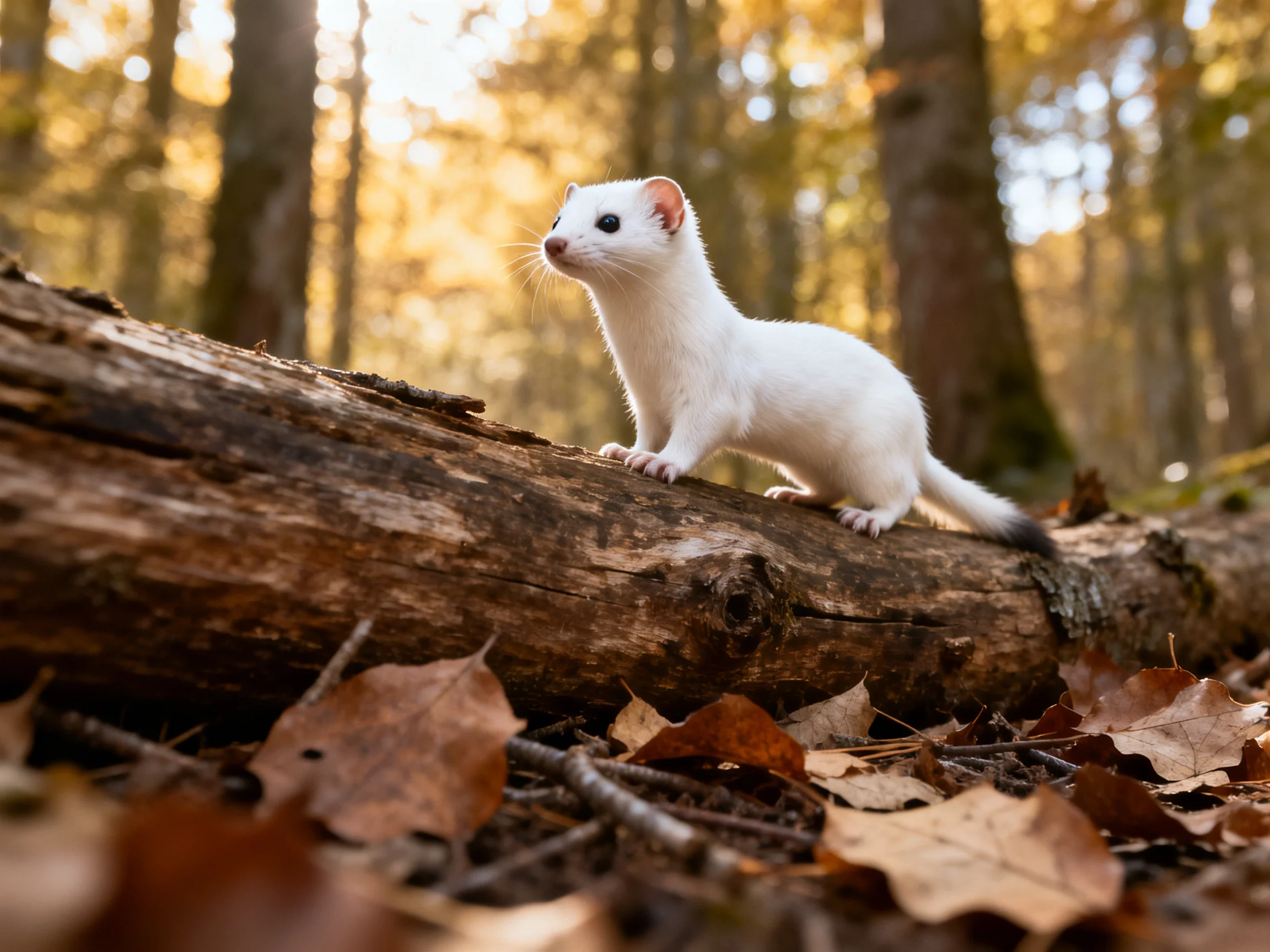 A white ermine stands on a log amid autumn leaves in a sunlit forest.