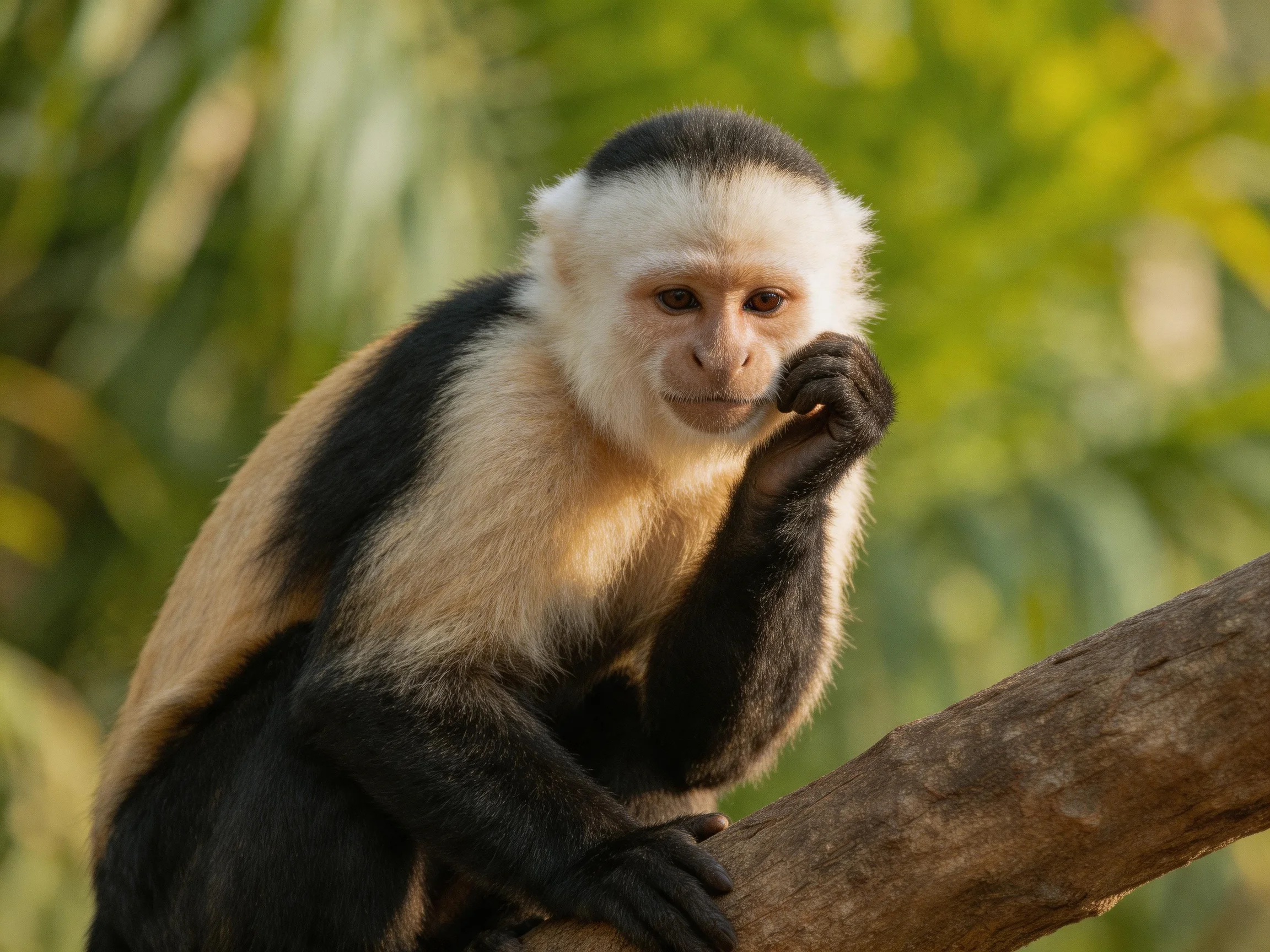 White-faced capuchin monkey resting on a brown tree branch in green surroundings