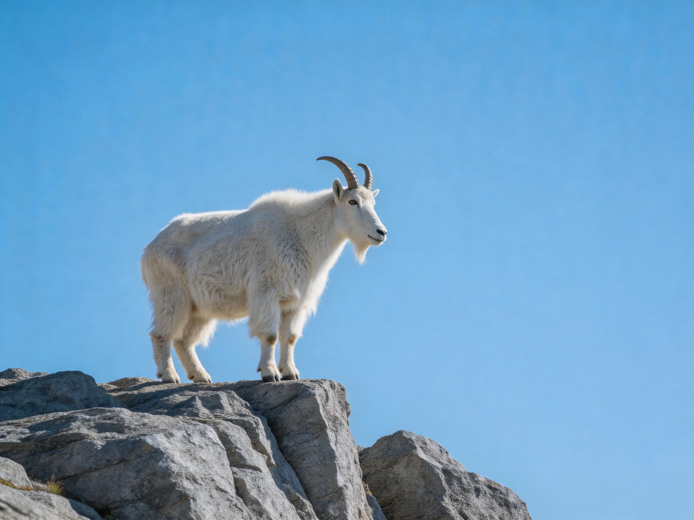 White mountain goat standing on rugged gray rocks against clear blue sky