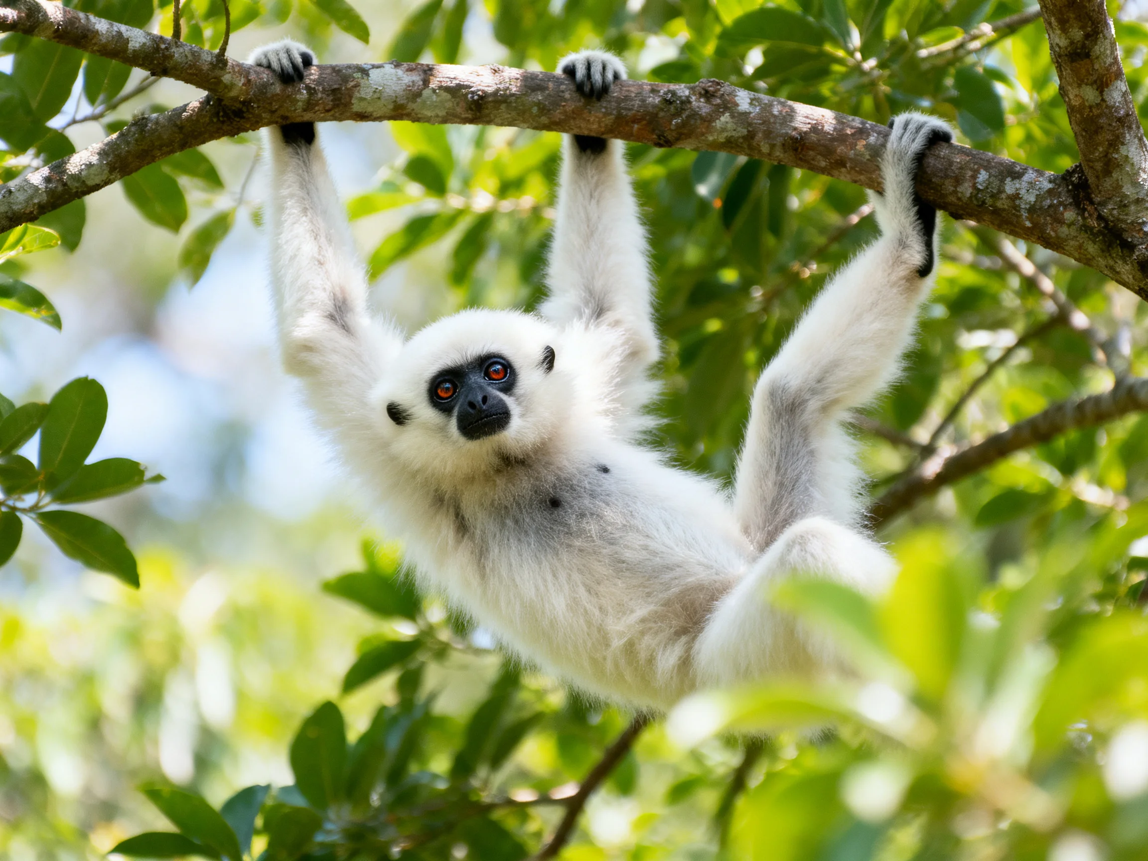 A white sifaka lemur clings to a tree branch in a sunlit forest.