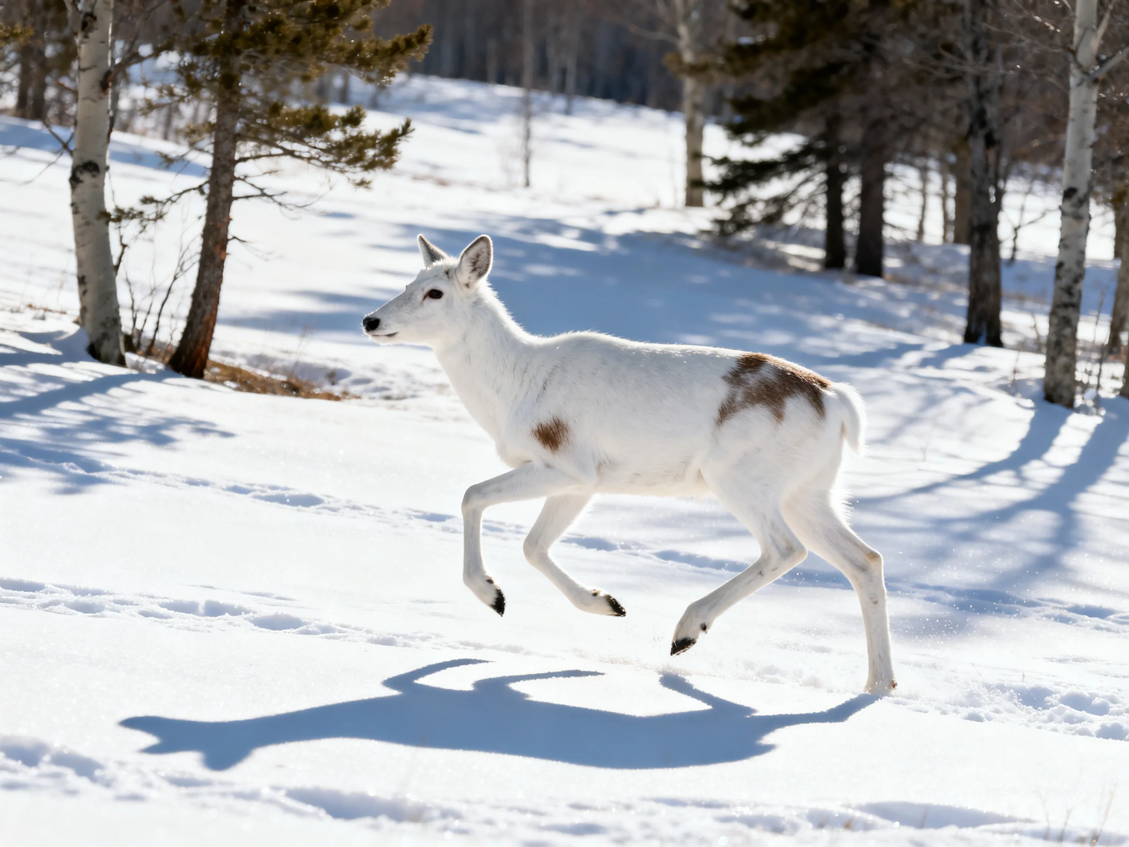 White-spotted deer dashes through a sunlit snowy forest