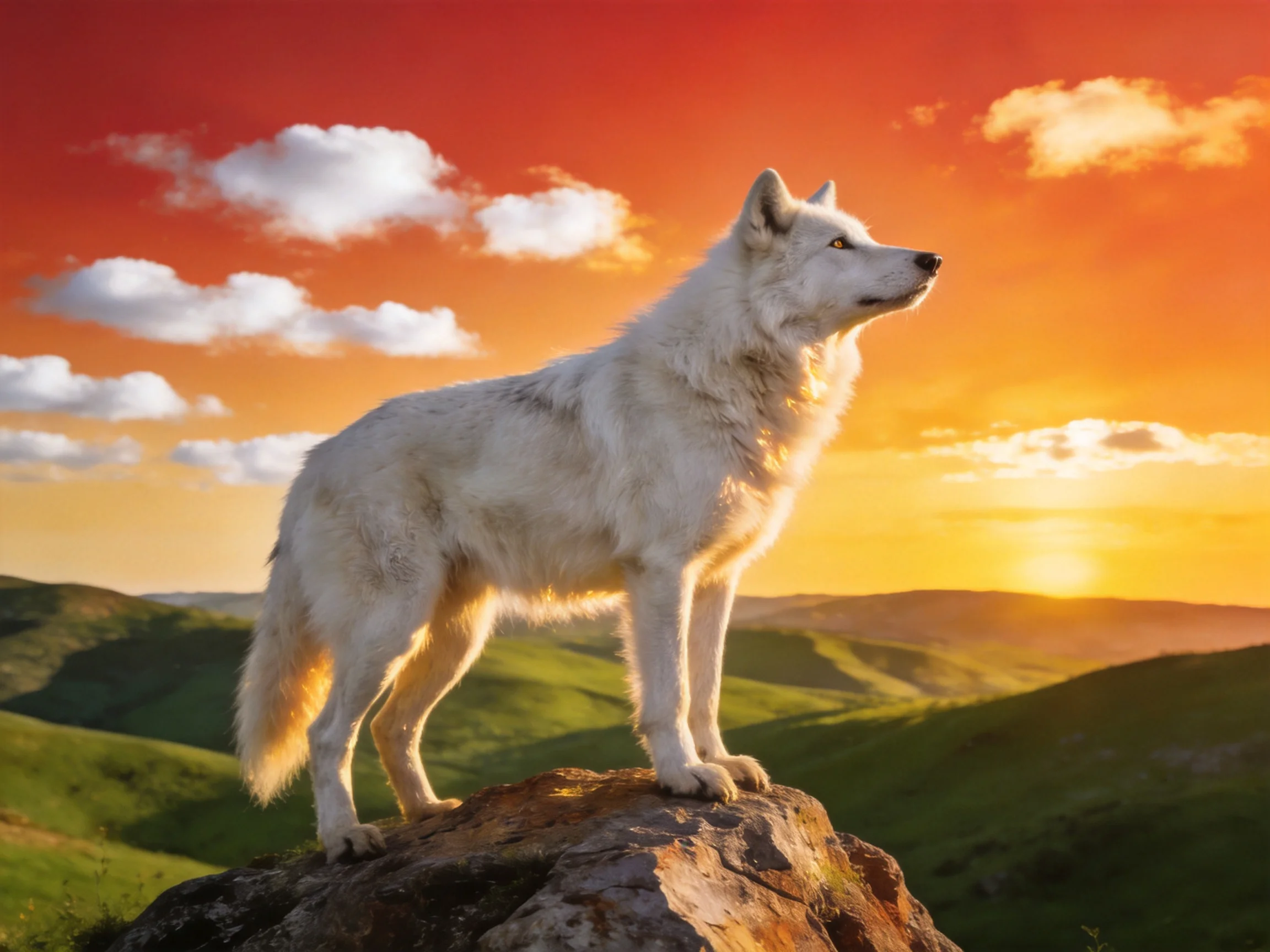 White wolf standing on a rock amidst rolling green hills under a vivid sunset sky