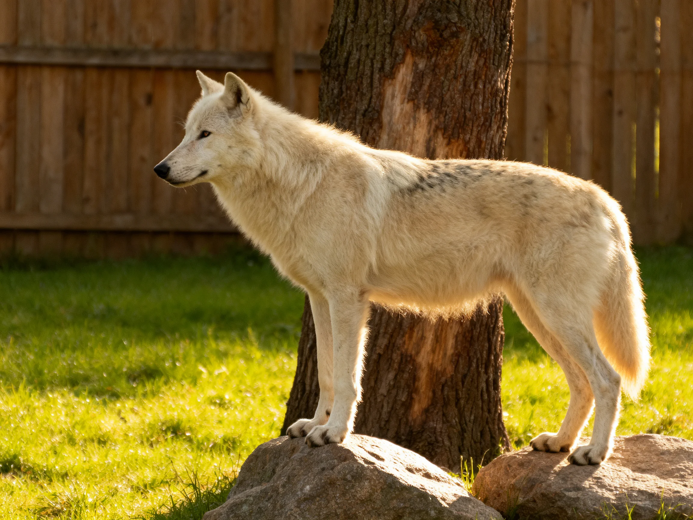 A white wolf stands on rocks in a fenced enclosure with a tree nearby.