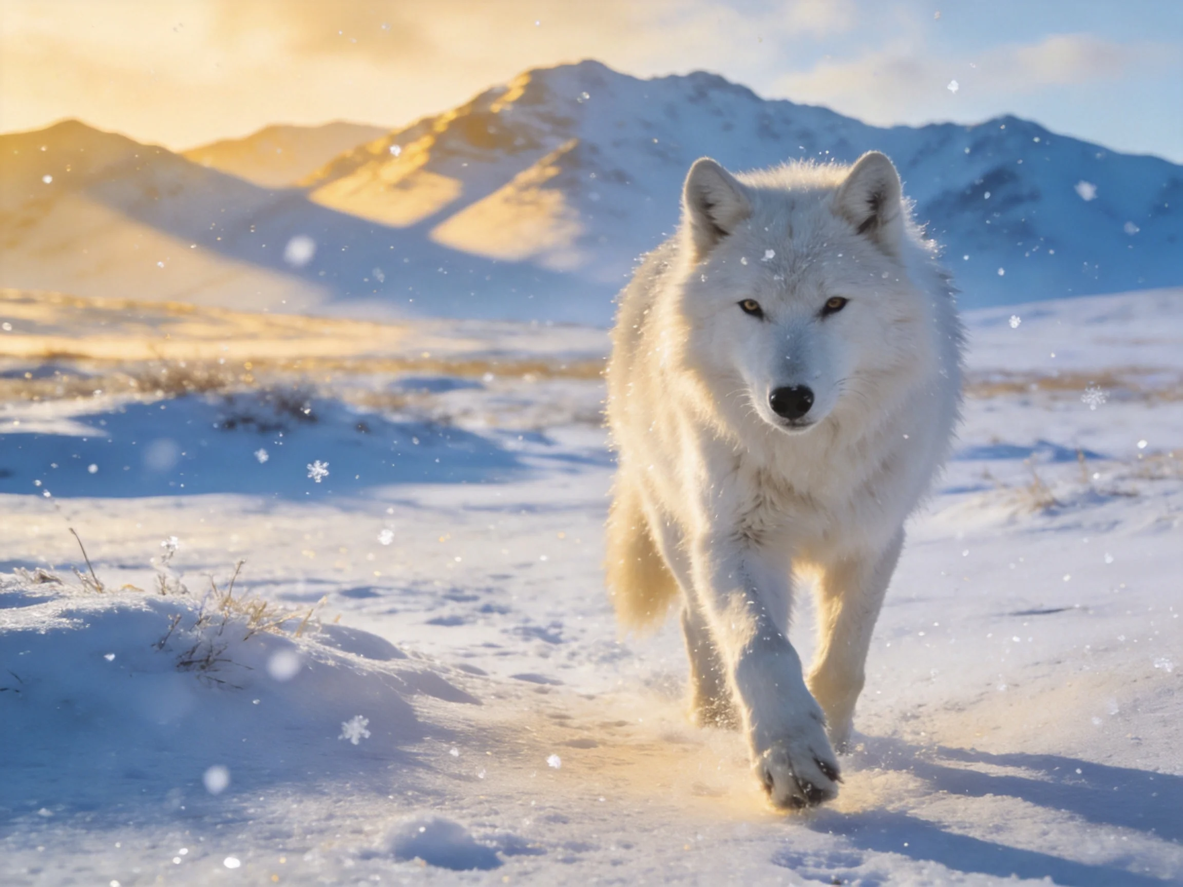 White wolf walking through snowy mountainous terrain at golden hour