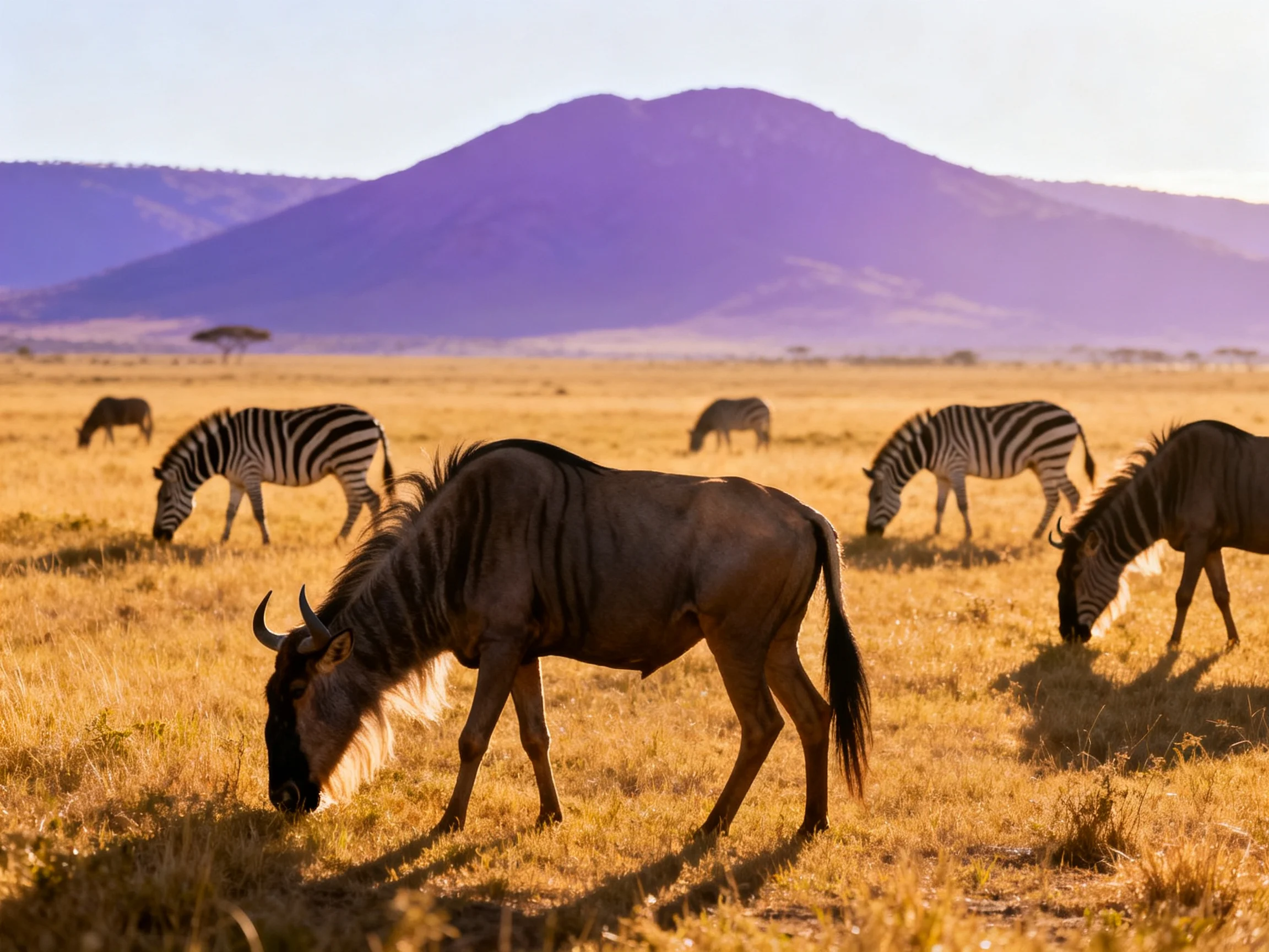 Wildebeest and zebras graze in golden savannah with purple mountains