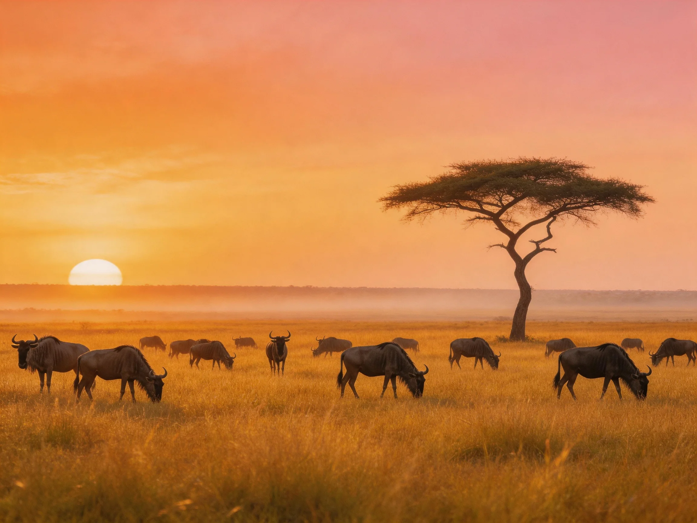 Wildebeest herd grazing under acacia tree during golden sunset