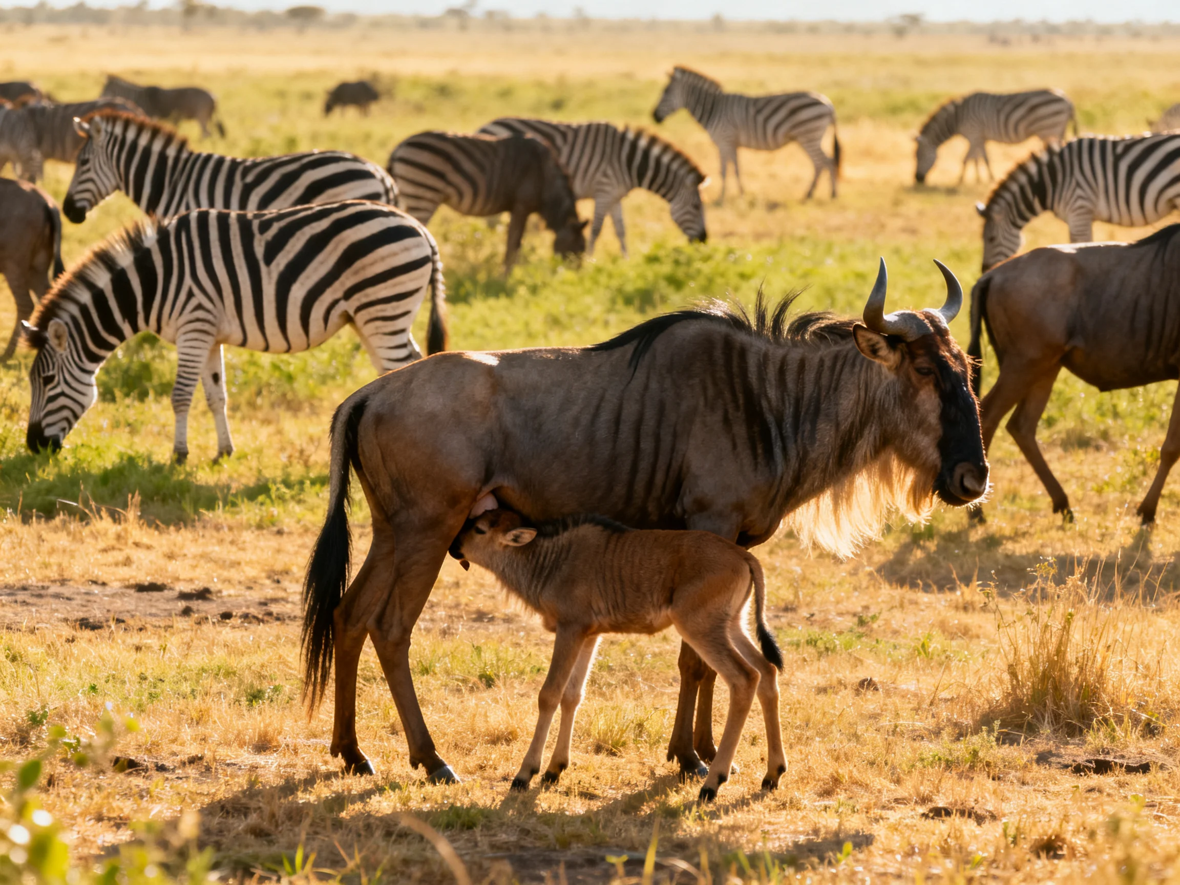 Wildebeest nursing calf amid striped zebras in golden savannah