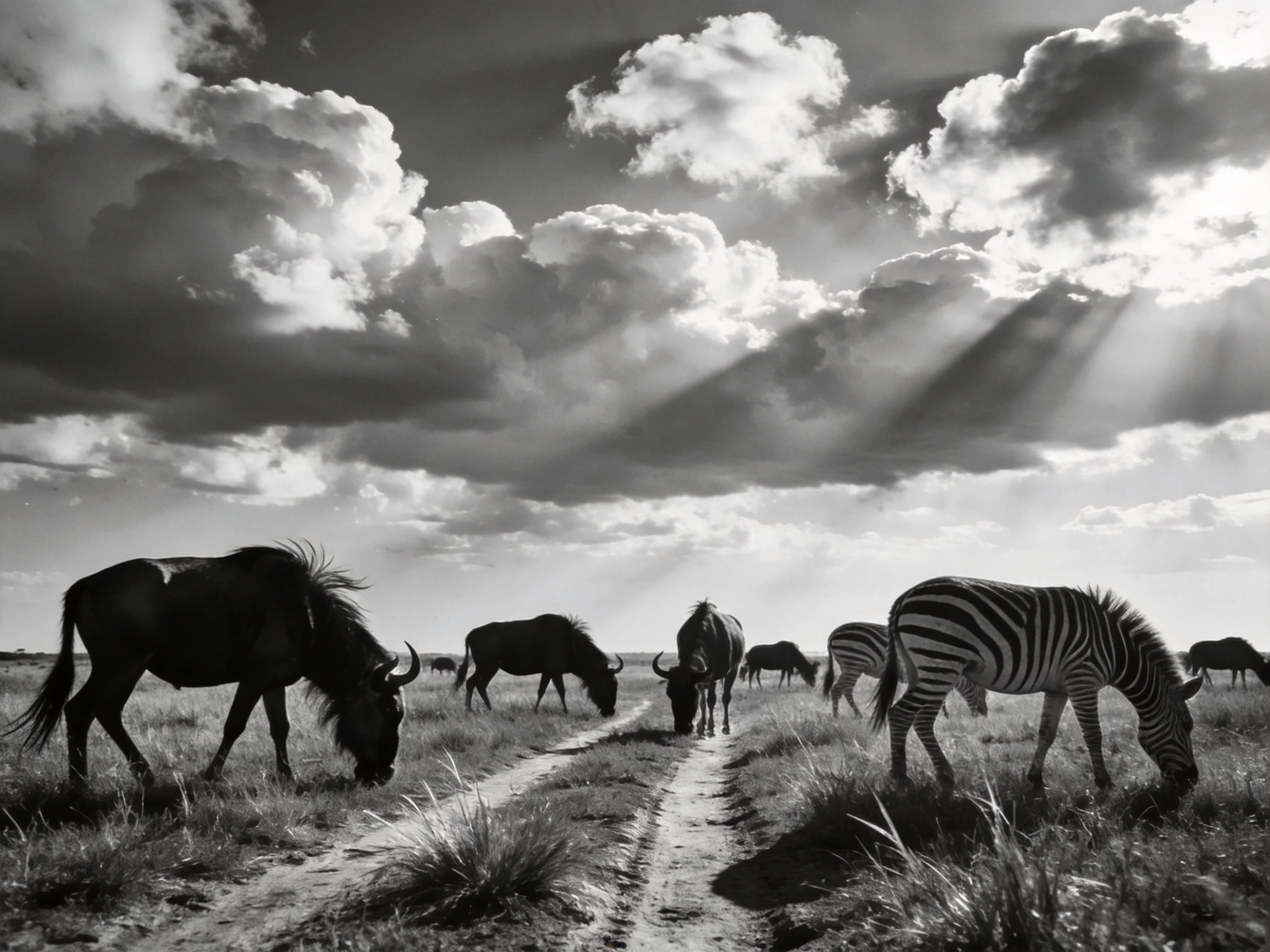 Wildebeests and Zebras Graze Under Dramatic Cloud-Covered Skies